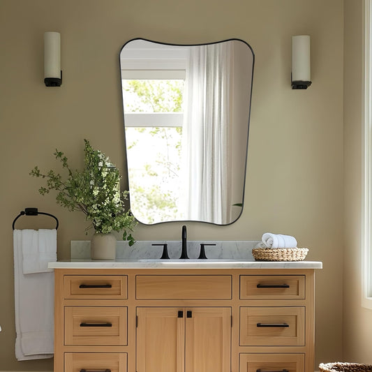 ANDY STAR Matte Black Bathroom Mirror, 24x32 Inch Asymmetrical Wall Mirror, Premium Stainless Steel Framed Mirror with Sophisticated Design, Ideal for Home Decor