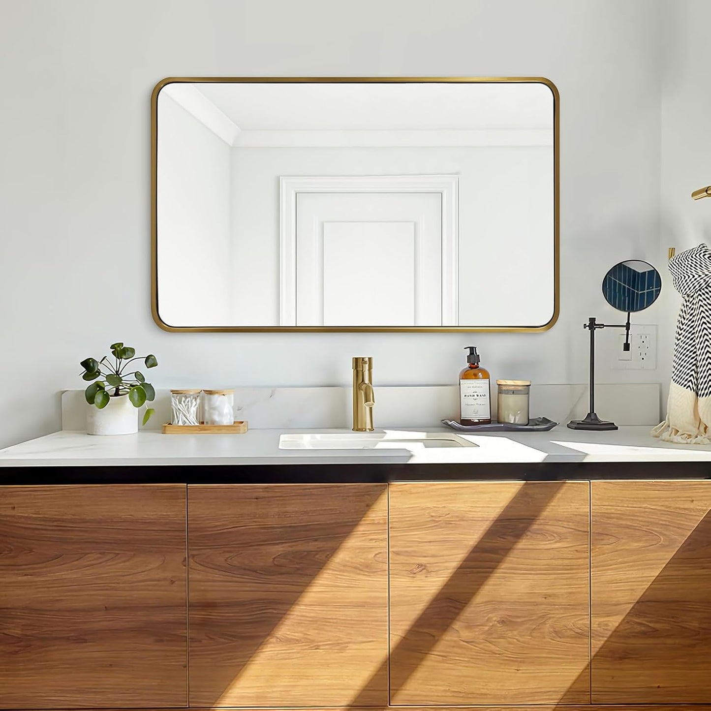 ANDY STAR Brushed Gold Bathroom Mirror 48”X30”, Brass Bathroom Vanity Mirror Rounded Rectangle, SUS304-Anti-Rust Metal Frame Mirror, Wall Mounted Horizontal/Vertical 1’’ Deep