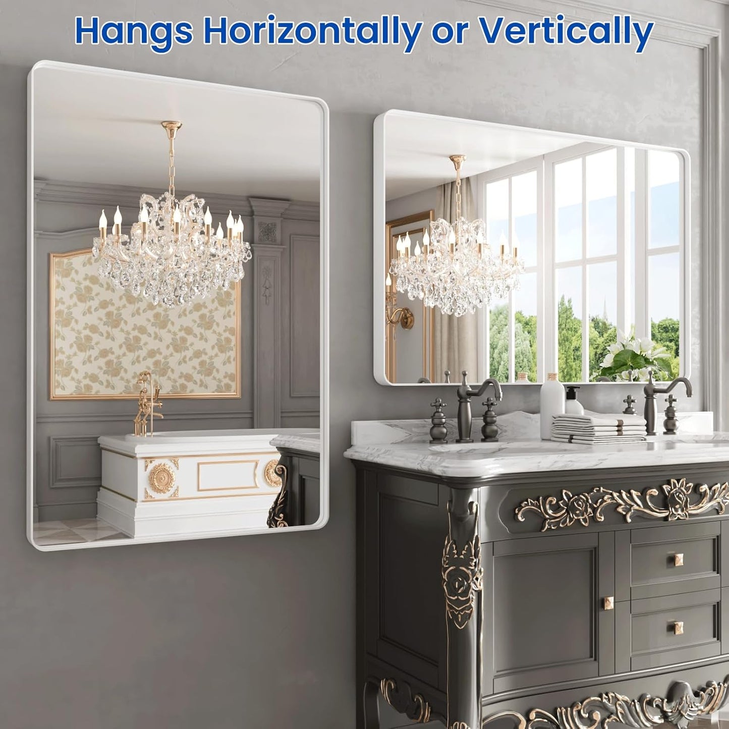 WEER White Bathroom Mirror 48X32 Inch, Rounded Rectangle White Metal Frame Mirror, Matte White Bathroom Vanity Mirror with Tempered Glass, Anti-Rust, Hangs Horizontally or Vertically