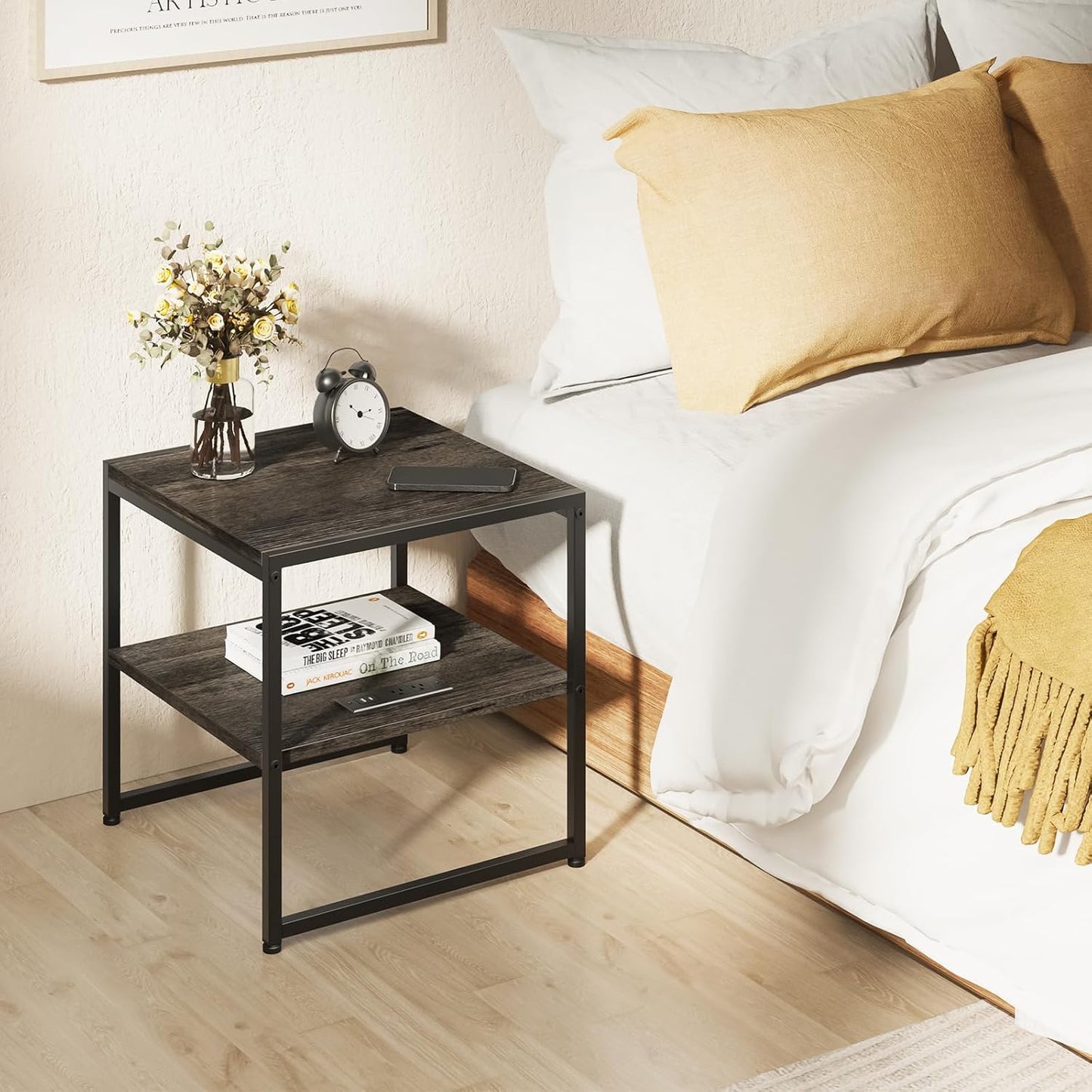 Tatub 20" End Table with Charging Station, Industrial Square Side Table with USB Ports & Outlets, Versatile 2-Tier Small Nightstand for Bedroom Living Room, Grey