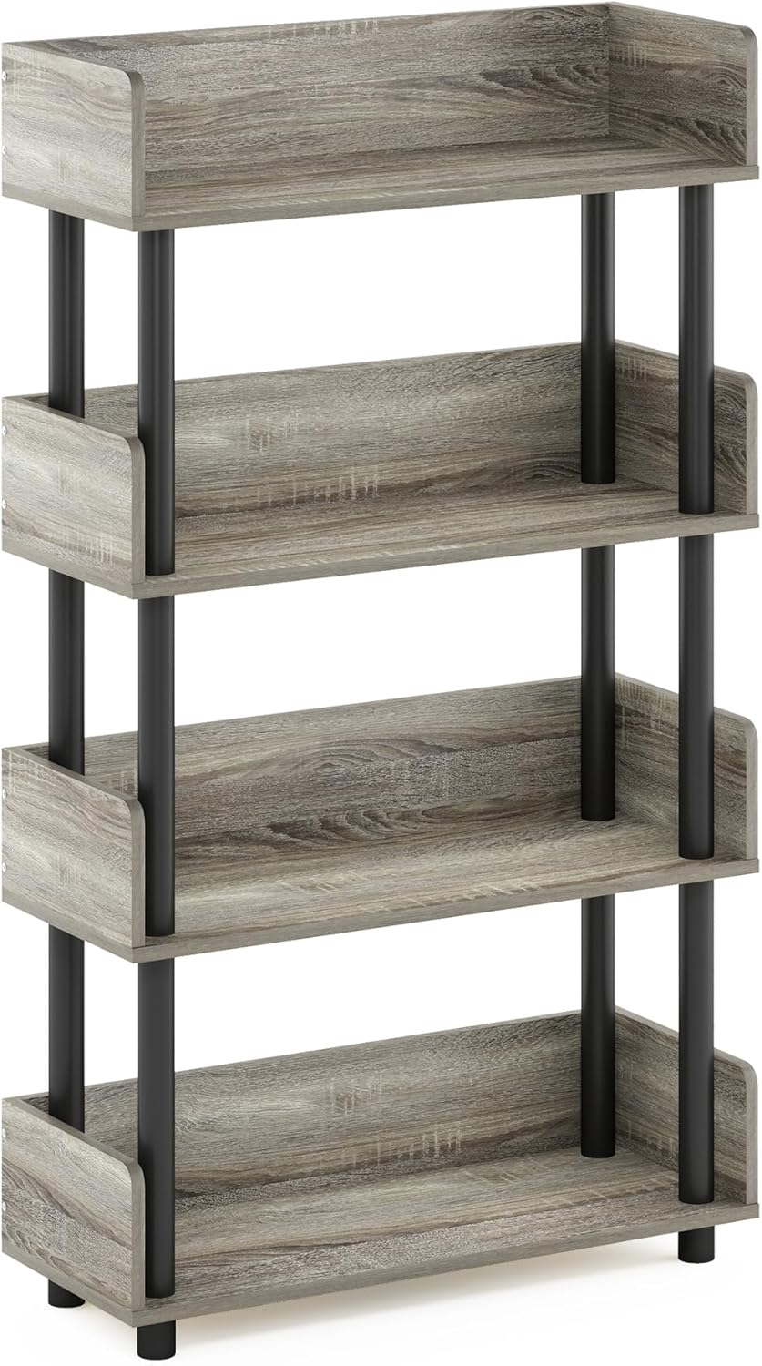 Furinno Turn-N-Tube 4-Tier Multipurposes Display Rack, Open Shelf Rack/Storage with Back & Side Panel, French Oak/Black