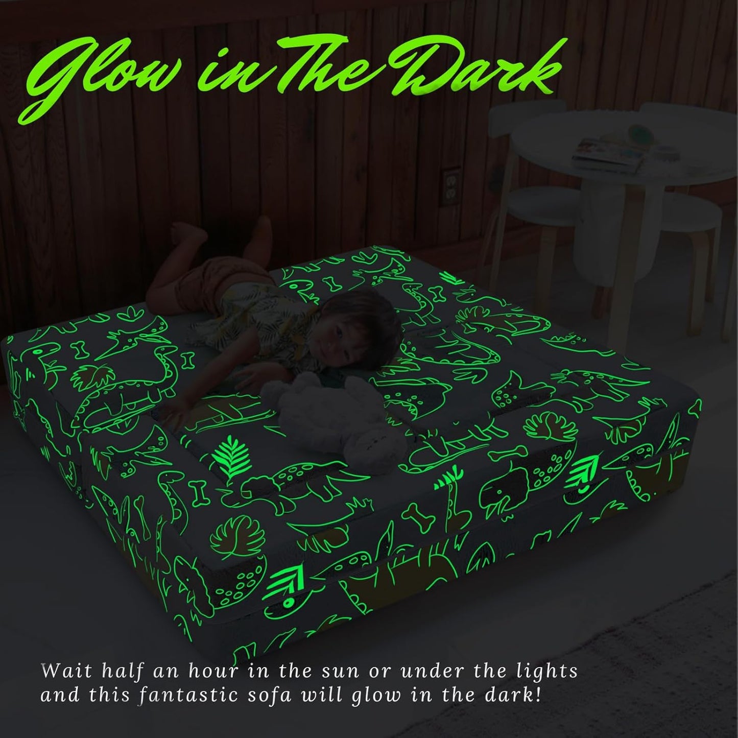 MeMoreCool Modular Kids Sofa,Toddler Play Couch Fold Out for Playroom, Dinosaur Glow in Dark Convertible Plush Foam Chair for Childrens