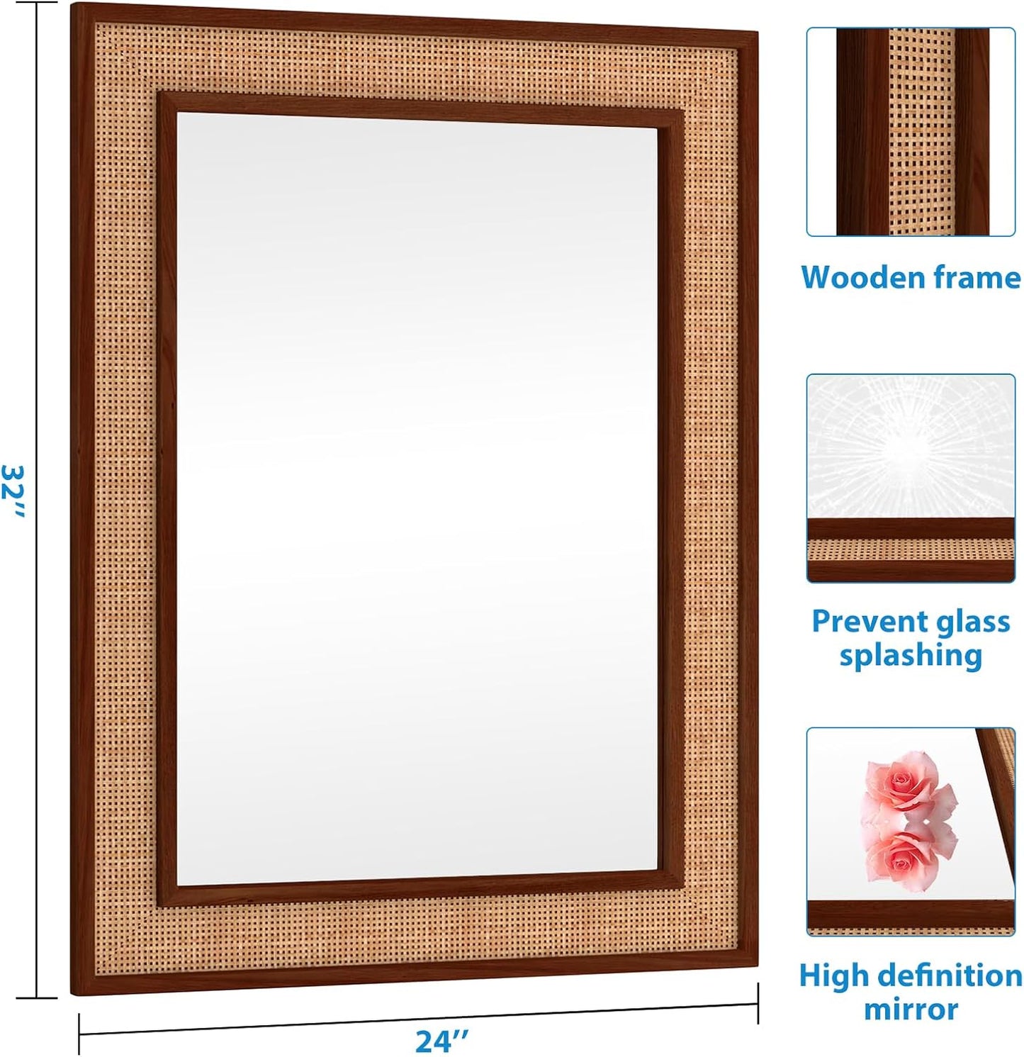 Rattan Wall Mirror with Wooden Framed 24 X 32 inch Farmhouse Rectangle Wood Mirror for Modern Decorative Bathroom, Living Room, Entryway, Bedroom (Walnut)