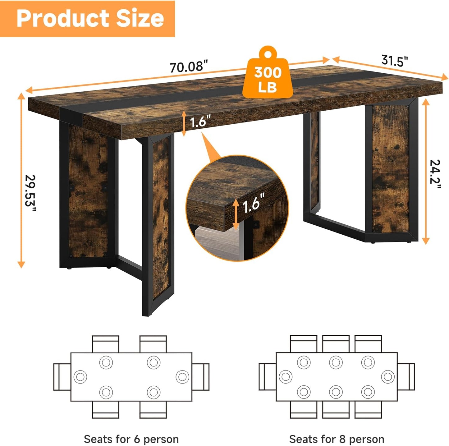 Industrial Dining Table for 6-8 People, 71" Large Long Wooden Kitchen Table with Sturdy Metal Frame & Brown Finish, Rustic Style Rectangular Dinner Table for Dining Room, Kitchen (Vintage Brown)