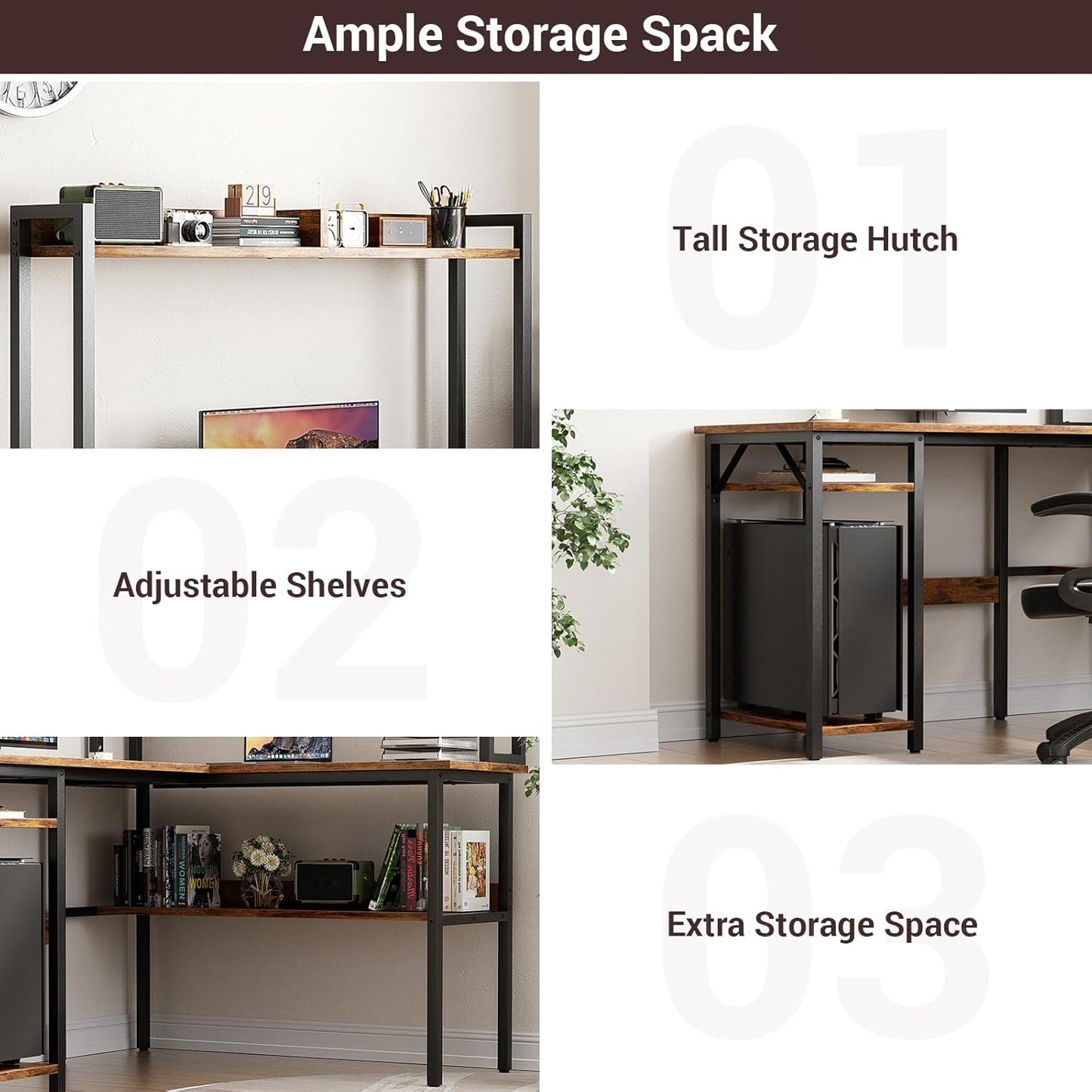 Unikito L Shaped Gaming Desk with LED Strip and Power Outlets, Reversible L-Shaped Computer Desk with Storage Shelves, Corner Desk with Hutch, 2 Person Home Office Desk, Rustic Brown