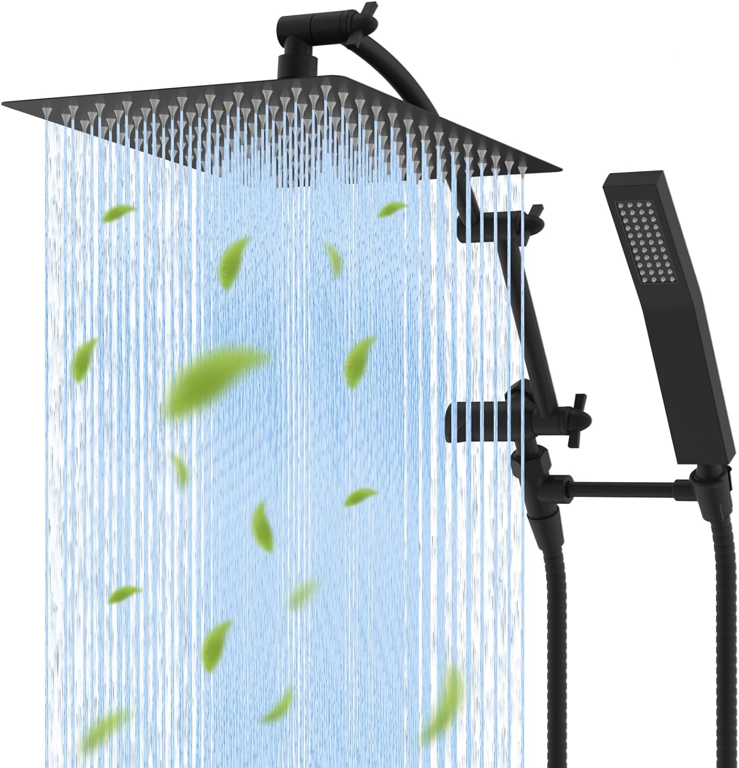 Hibbent All Metal 12'' Rainfall Shower Head, Dual Shower Head Combo, High Pressure Handheld Shower Wand, 16'' Adjustable Arc-shaped Shower Extension Arm, 71'' Hose, Showerhead Holder, Matte Black