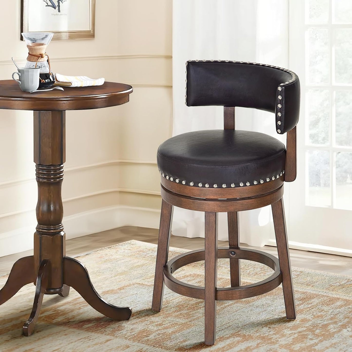 COLAMY Swivel Bar Stool, Modern Swivel Barstool with Back, Counter Height Bar Stools, 25 Inch Upholstered Wood Barstool for Kitchen Island Dining Room Bar, Dark Brown