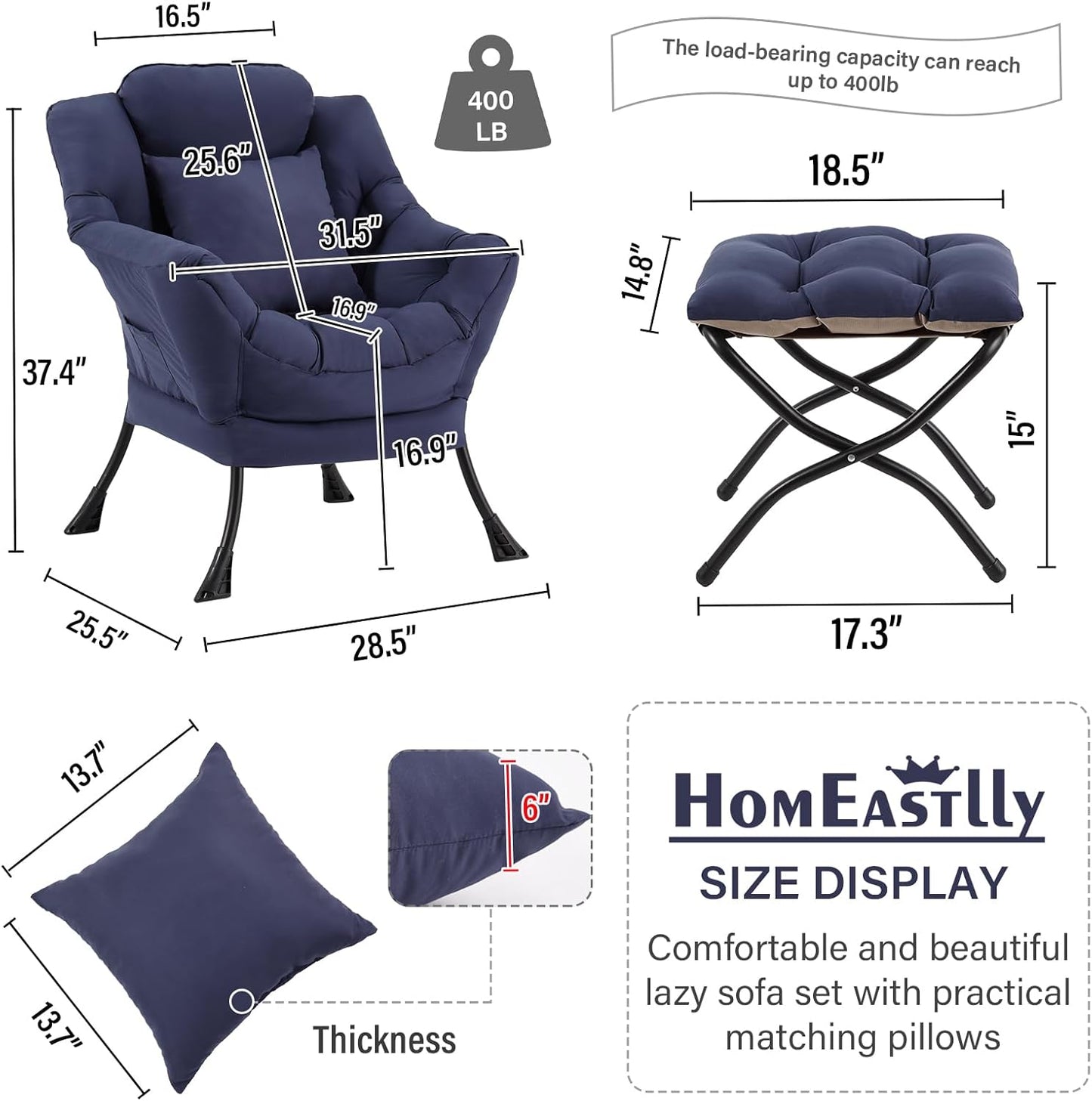 Large Lazy Chair with Ottoman, Accent Reading Chair with a Throw Pillow, Cozy Lounge Chair with Armrest, Leisure Sofa Chair for Living Room, Bedroom, Dorm, Peach Navy