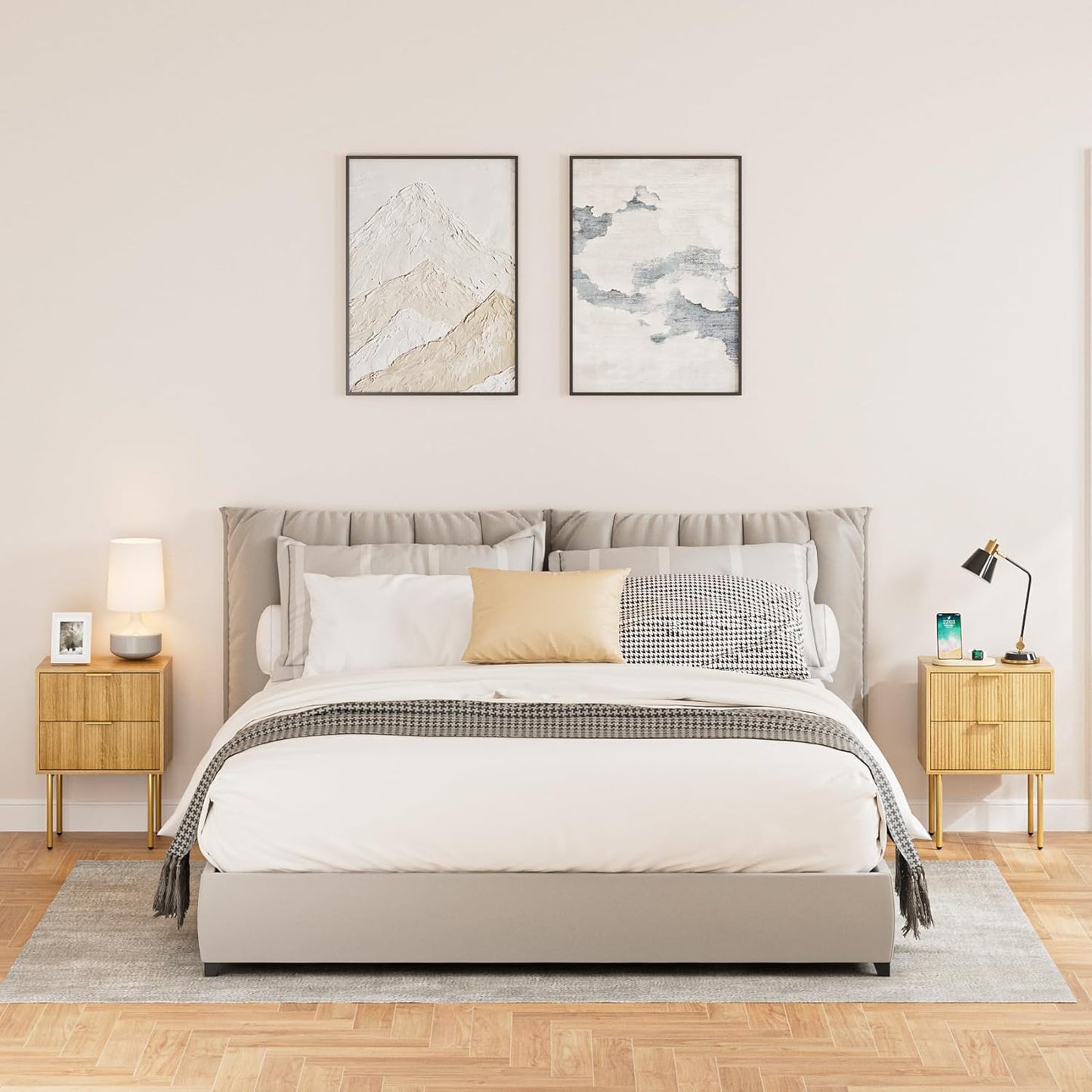 Nightstand,Morden Bedside Table with Gold Frame,Small White Night Stand,End Table,Bedside Furniture,Side Table with Drawer and Shelf for Bedroom,Living Room (2Drawers, Oak)