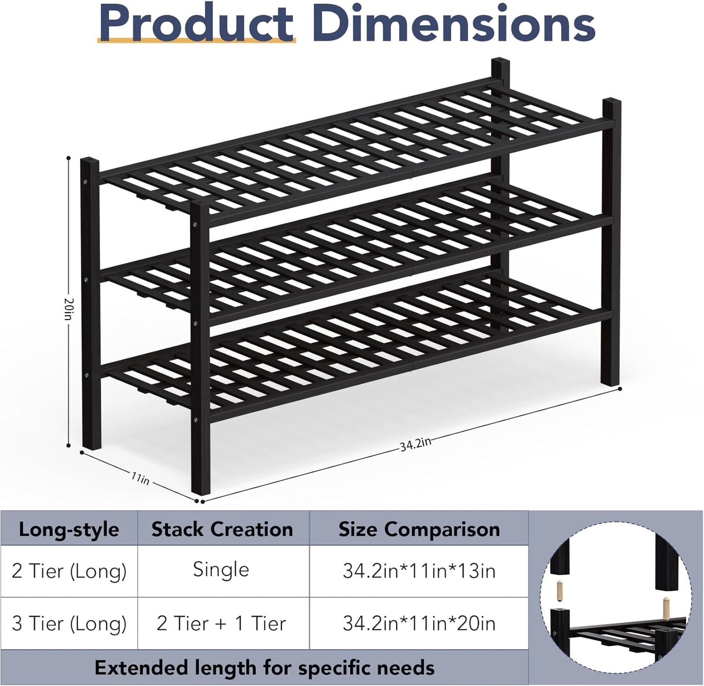 Haddockway Long 3 Tier Bamboo Shoe Rack Storage Organizer, Multifunctional Free Standing Stackable Shoe Shelf with Grid Panel for Closet,Hallway,Entryway,Small Space 34.2"x11"x20"(Black, 3-Tier(Long))