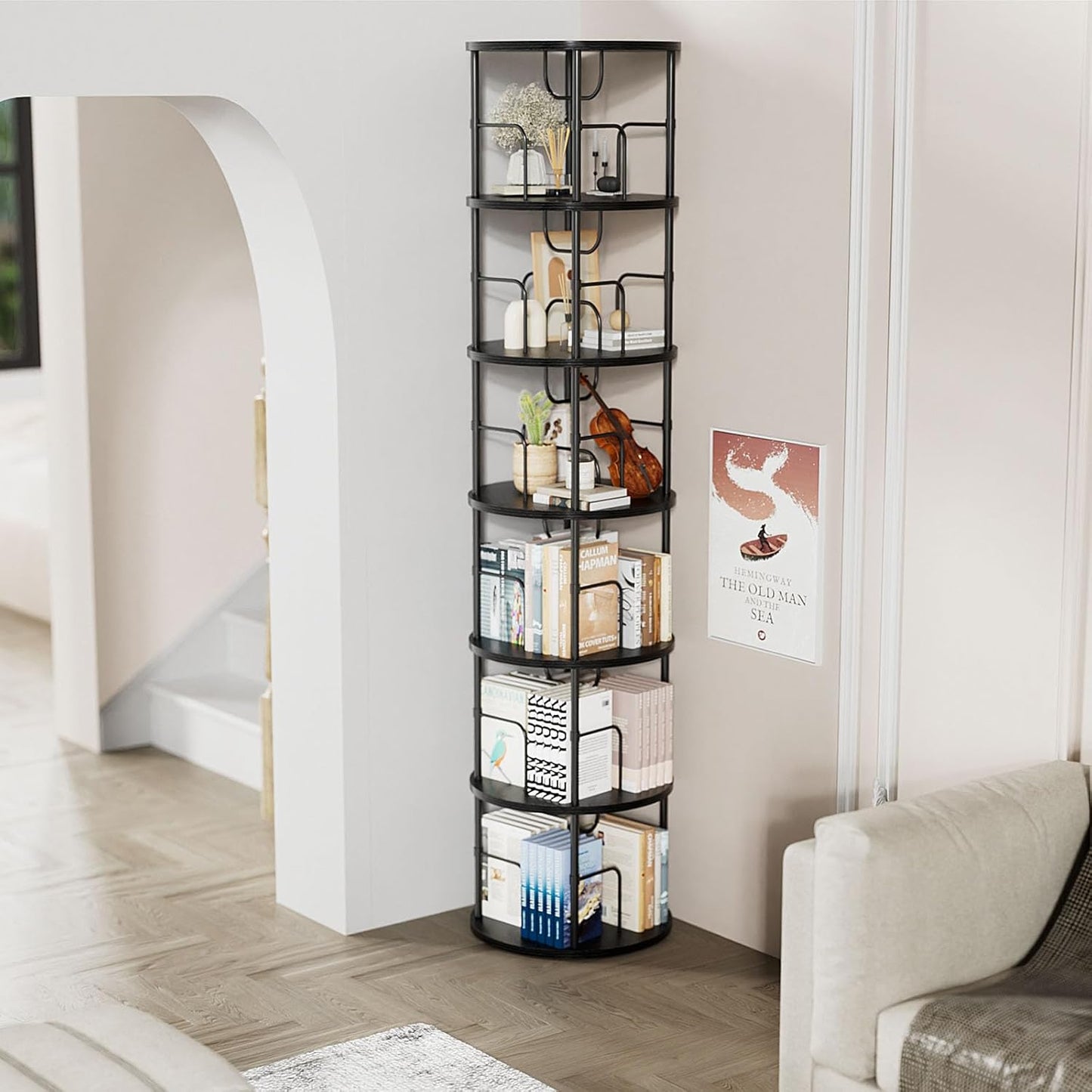 6 Tier Rotating Bookshelf, 360 ° Display Stackable Spinning Bookshelf Tower, Corner Bookshelf Tall Floor Standing Swivel Bookcase Narrow Storage Organizer for Bedroom, Living Room, Black