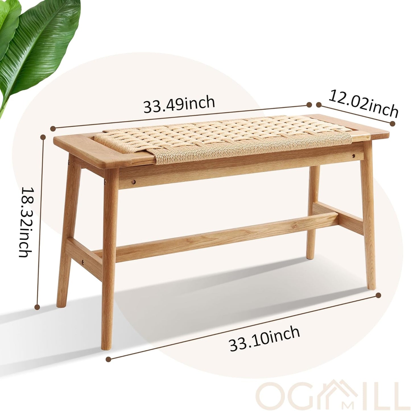 33.5" L Wood Dining Bench Indoor, 100% Natural Solid Oak Bed Bench Hand Woven Enterway Bench Small Bench for Dining Room, Bedroom, Kitchen (Natural)