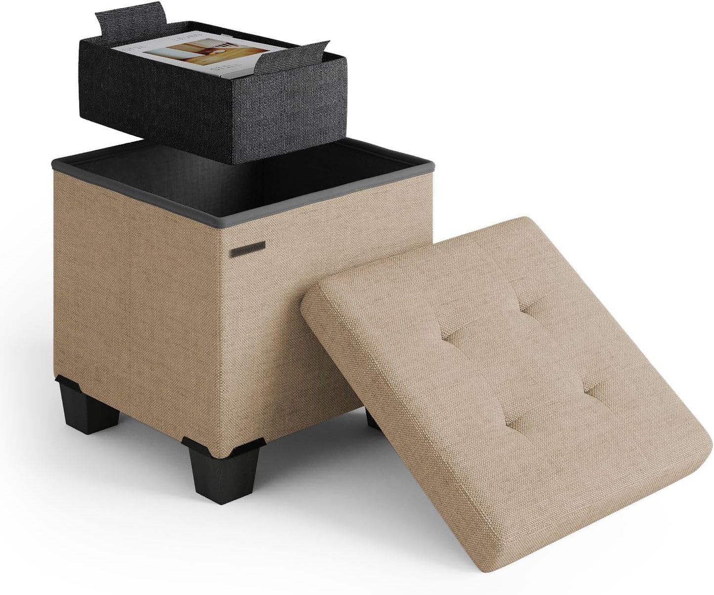 STORAGEBUD Storage Ottoman Cube with Small Bin, 16-in Square Ottoman with Storage for Living Room and Bedroom, Small Ottomans Foot Rest, Fabric Foot Stools Ottomans Max 330lbs, Taupe