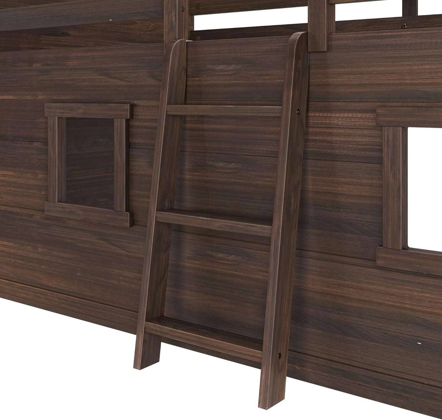 Max & Lily Modern Farmhouse Twin Low Loft Bed with Two Windows - Solid Wood, 15” Guardrails, 400-lb Capacity, Low-VOC Finish, Barnwood Brown