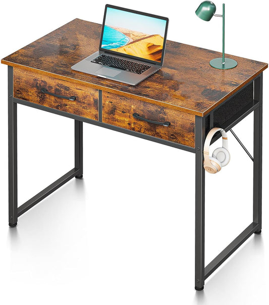 Casaottima 32 Inch Small Office Computer Desk with 2 Drawers & Headphone Hook - Compact Writing Desk for Home Office, Study or Work, Modern Space-Saving Design for Small Spaces, Pure Vintage