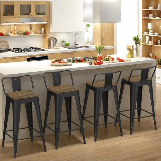 Black Bar Stools Set of 4, Metal Bar Stools with Wooden Seat, Modern 30”Counter Height Barstools with Low Back