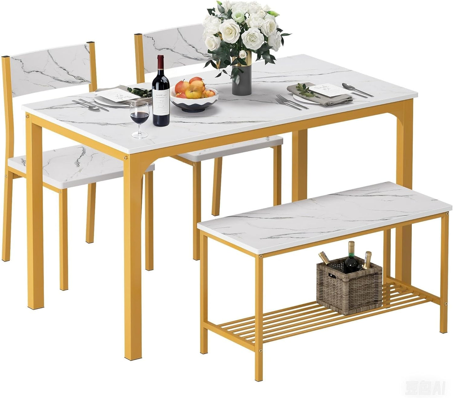 soges 4-Piece Dining Table Set with Bench - 4 Person Kitchen Table and 2 Chairs for Small Spaces, Apartment - Metal Frame & Woodgrain Tabletop, Space-Saving Design, Durable & Easy to Clean, Gold
