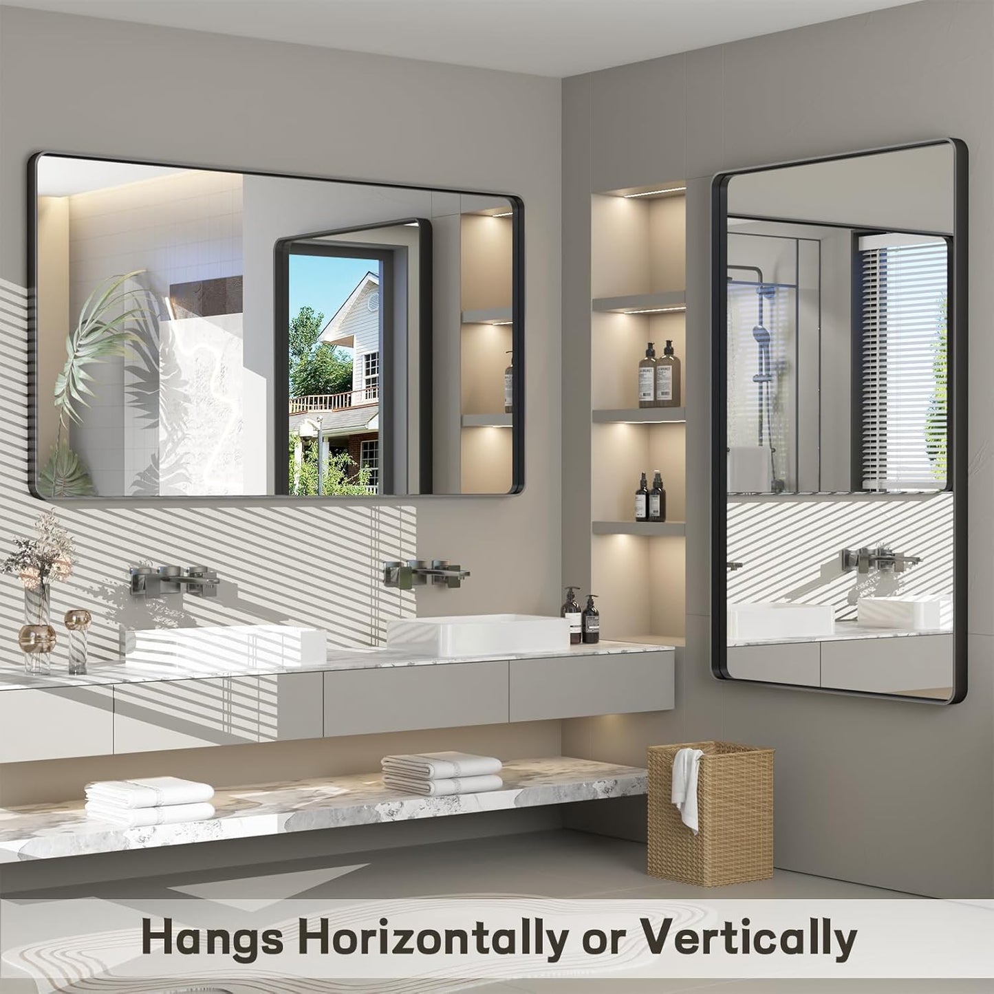 48x30 Black Bathroom Wall Mirror, Black Matal Framed Mirror, Matte Rectangle Bathoom Vanity Mirror, Anti-Rust, Shatterproof, Hangs Vertically or Horizontally