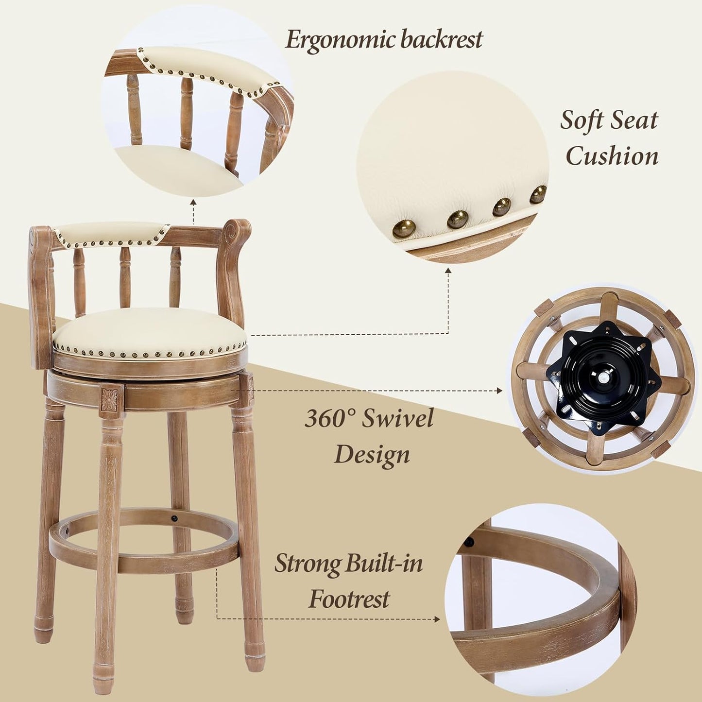 CozyRain Bar Stools Modern Swivel Barstools,Kitchen Counter Genuine Leather Upholstered Vintage Barstool for Home Kitchen Dining Room (Beige, Seat Height 29.5 in)