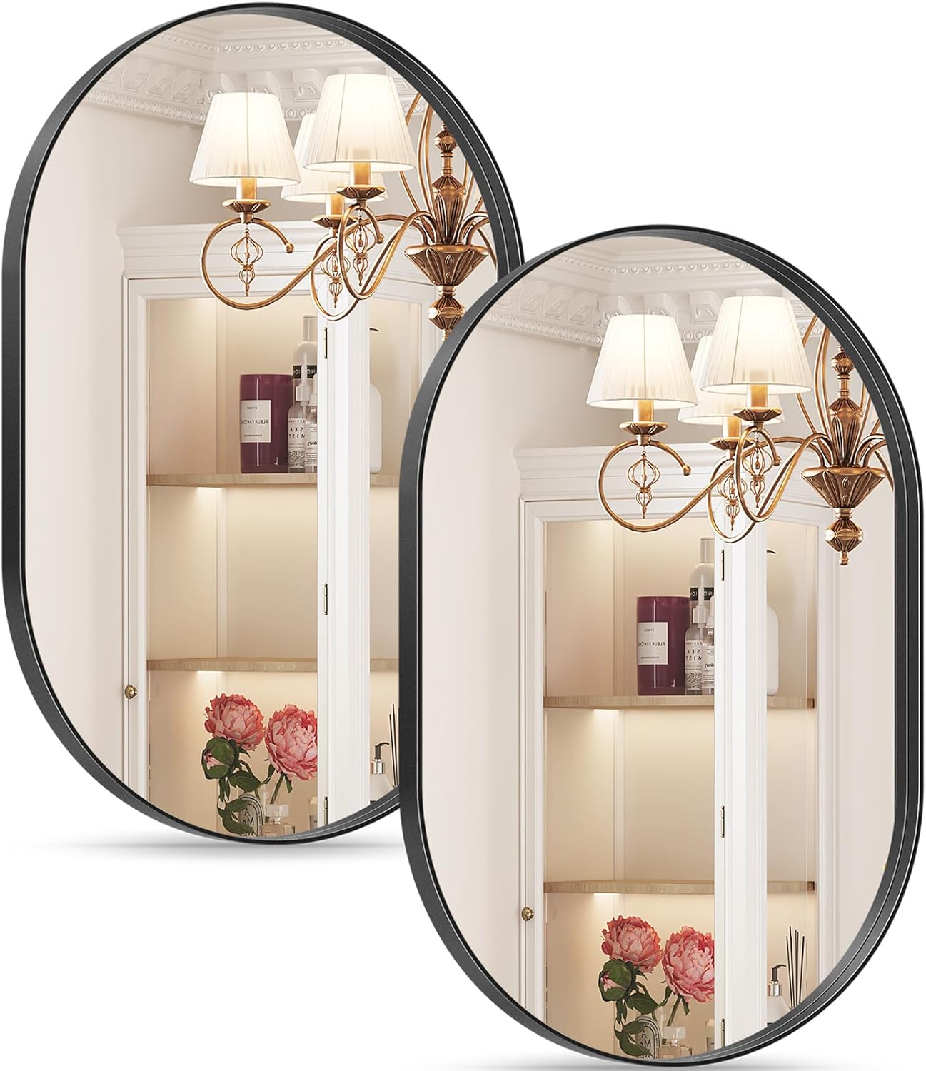 2 Pack Black Oval Mirror, 24" x 36" Oval Mirrors for Bathroom, Modern Vanity Pair Mirror for Over Sink Bedroom Fireplace Entryway Hang Vertical and Horizontal