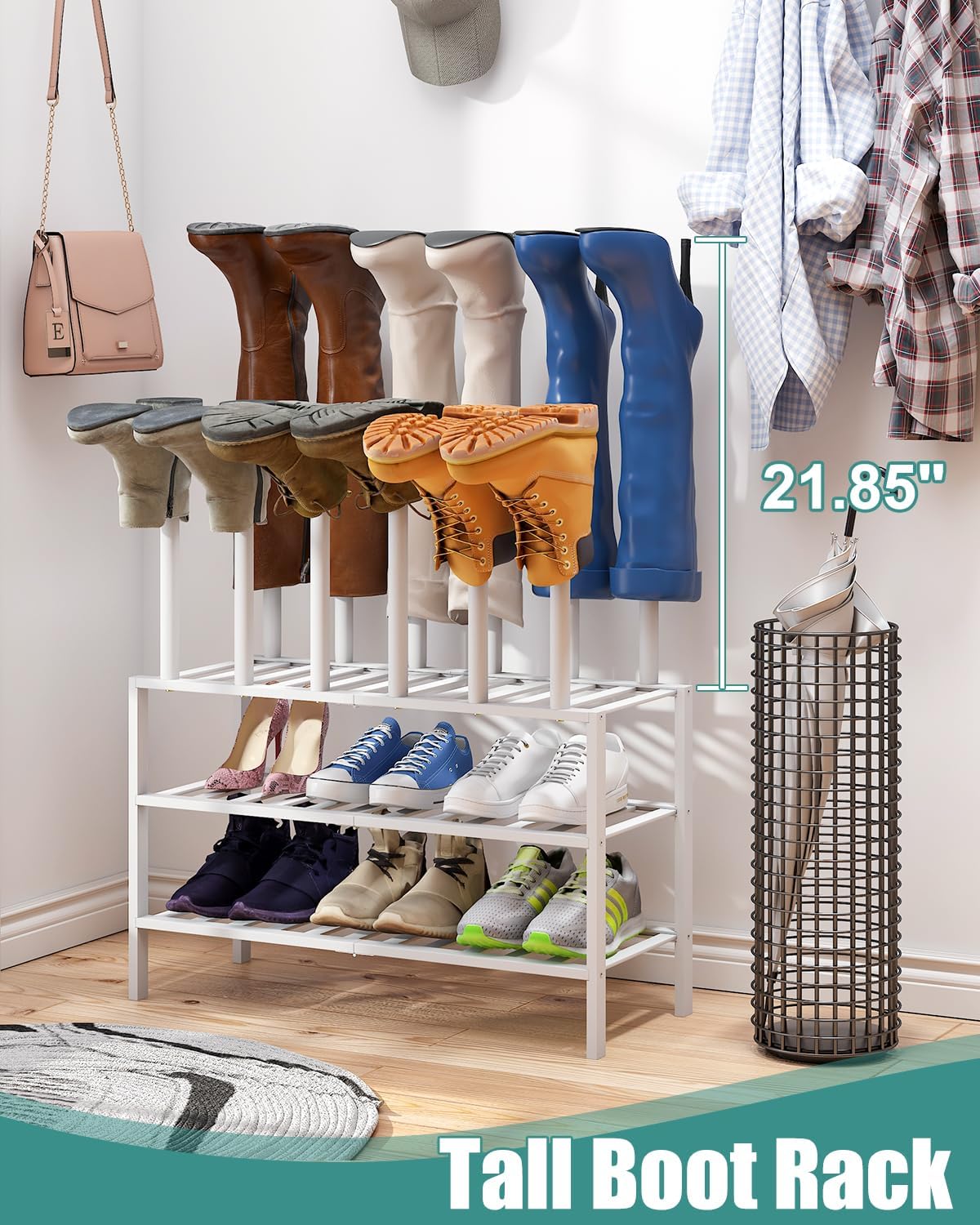White Boot Rack, Boot Rack Organizer Tall Boots with Shoe Rack for Closet, Bamboo Wood Shoe Shelf Storage Organizer for Entryway