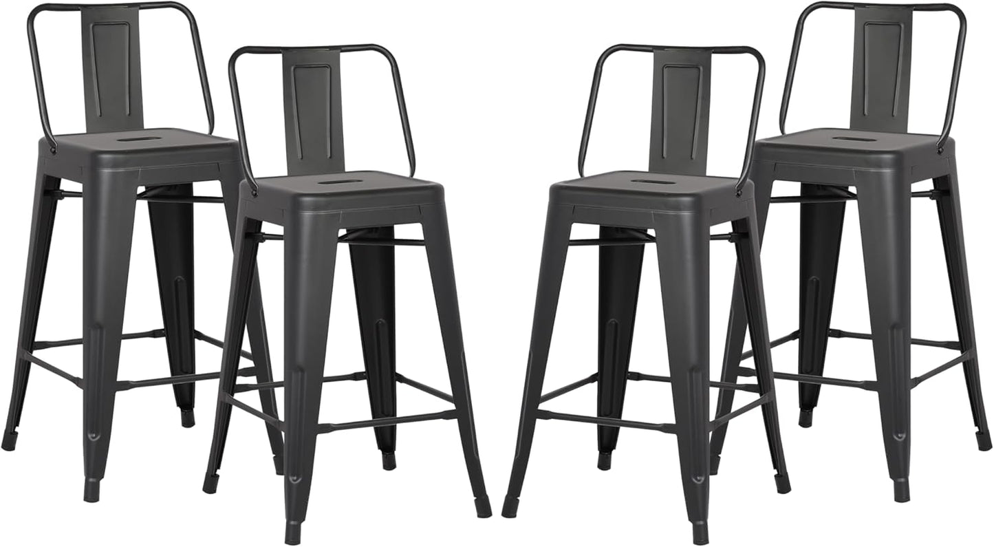 AC Pacific 24” Metal Barstool Set of 4 – Country Rustic Style with Low Back, Lightweight & Sturdy Build, Easy Assembly – Matte Black