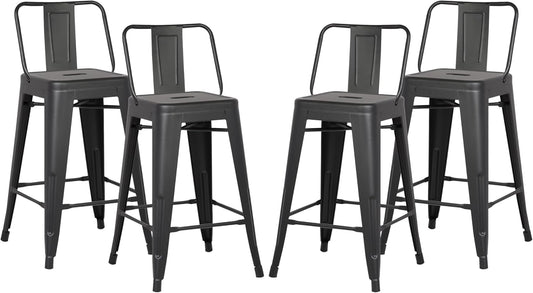 AC Pacific 24” Metal Barstool Set of 4 – Country Rustic Style with Low Back, Lightweight & Sturdy Build, Easy Assembly – Matte Black