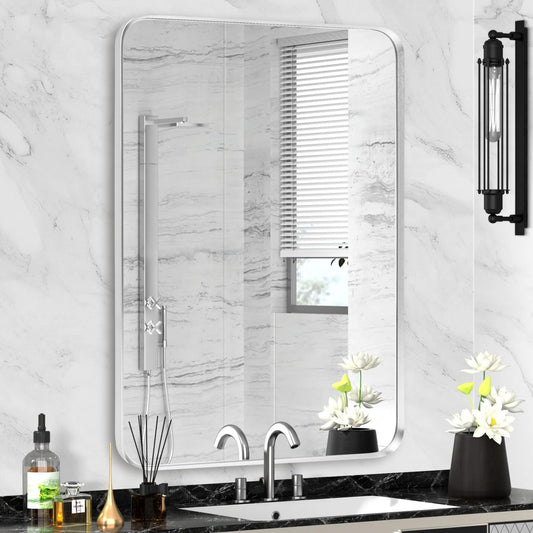 Wall Mount Mirror for Bathroom, Brushed Silver Metal Framed Rounded Corner Square Rectangular Vanity Mirror (24" x 30", Silver)
