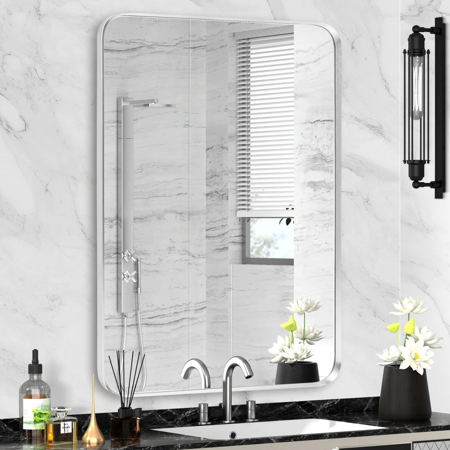 Silver Framed Bathroom Mirror, Brushed Nickel Rounded Corner Rectangle Wall Mirror, Tempered Glass, Shatter Proof, Anti-Rust, Hangs Horizontally or Vertically (24" x 32", Silver)