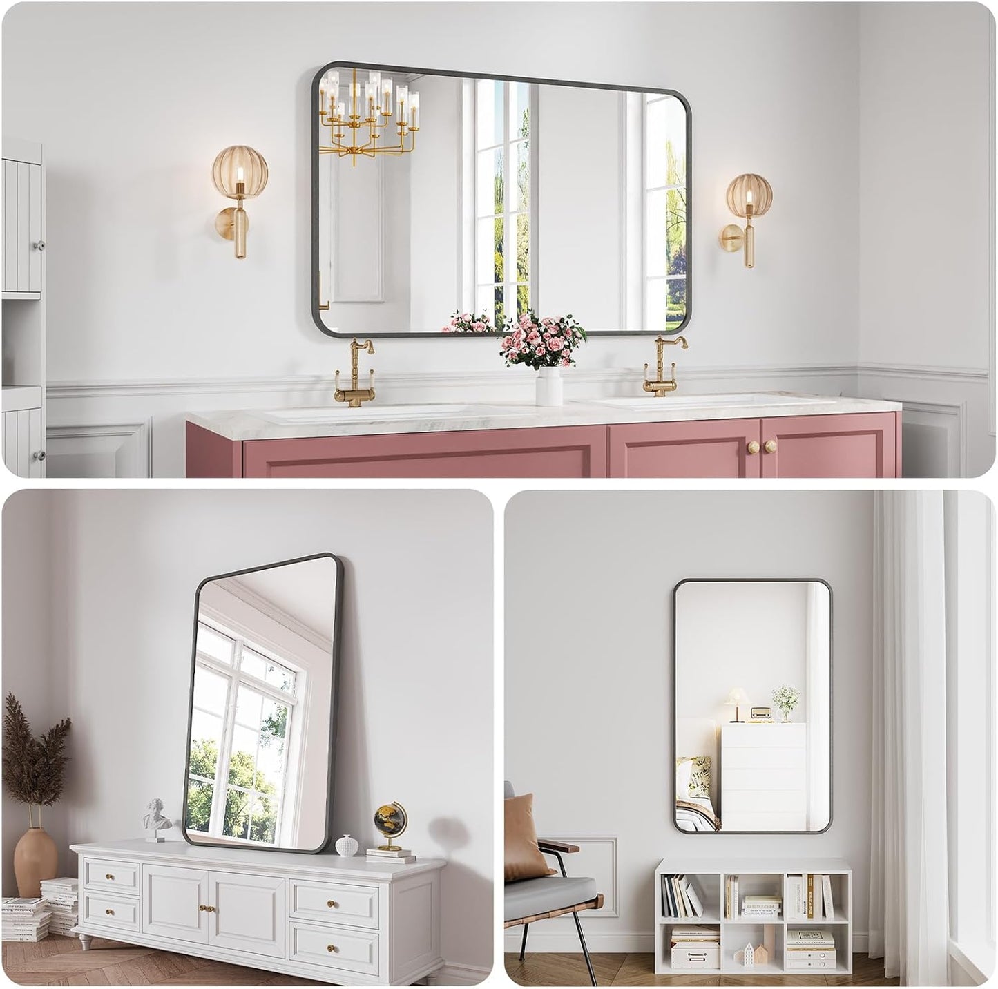 Bathroom Mirror, 30X48 Inch Black Metal Framed Mirror for Bathroom, Tempered Glass, Anti-Rust, Rounded Rectangle Mirror for Restroom, Bedroom, Black