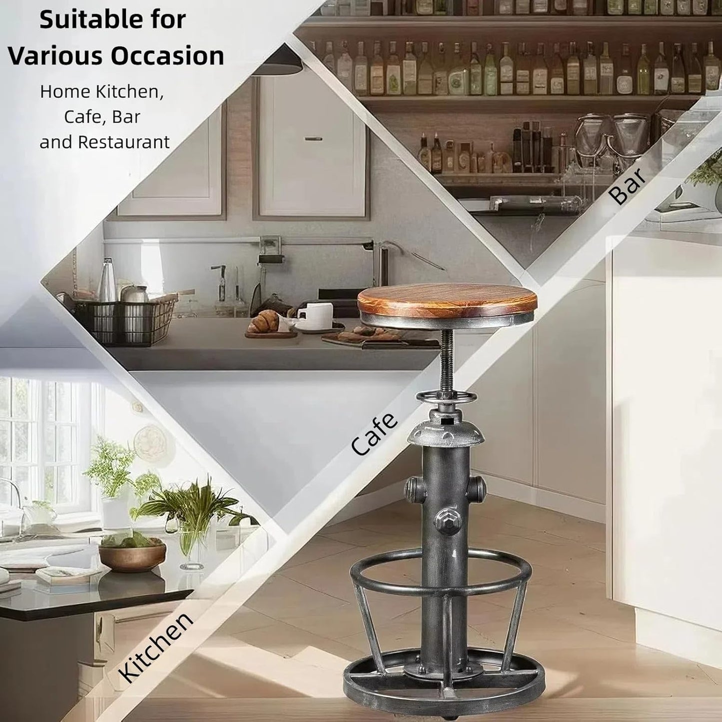 Swivel Bar Stool Industrial Coffee Kitchen Dining Chair Fire Hydrant Design Height Adjustable 24.8-30.7inch Wooden Seat