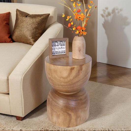 Small Wooden Side Table, 15.75" H Hand Carved Rustic Tree Stump End Table, Natural Paulownia Wood Compact Round Coffee Table, Mini Indoor Outdoor Wood Stool for Living Room, Bedroom, Patio, Garden