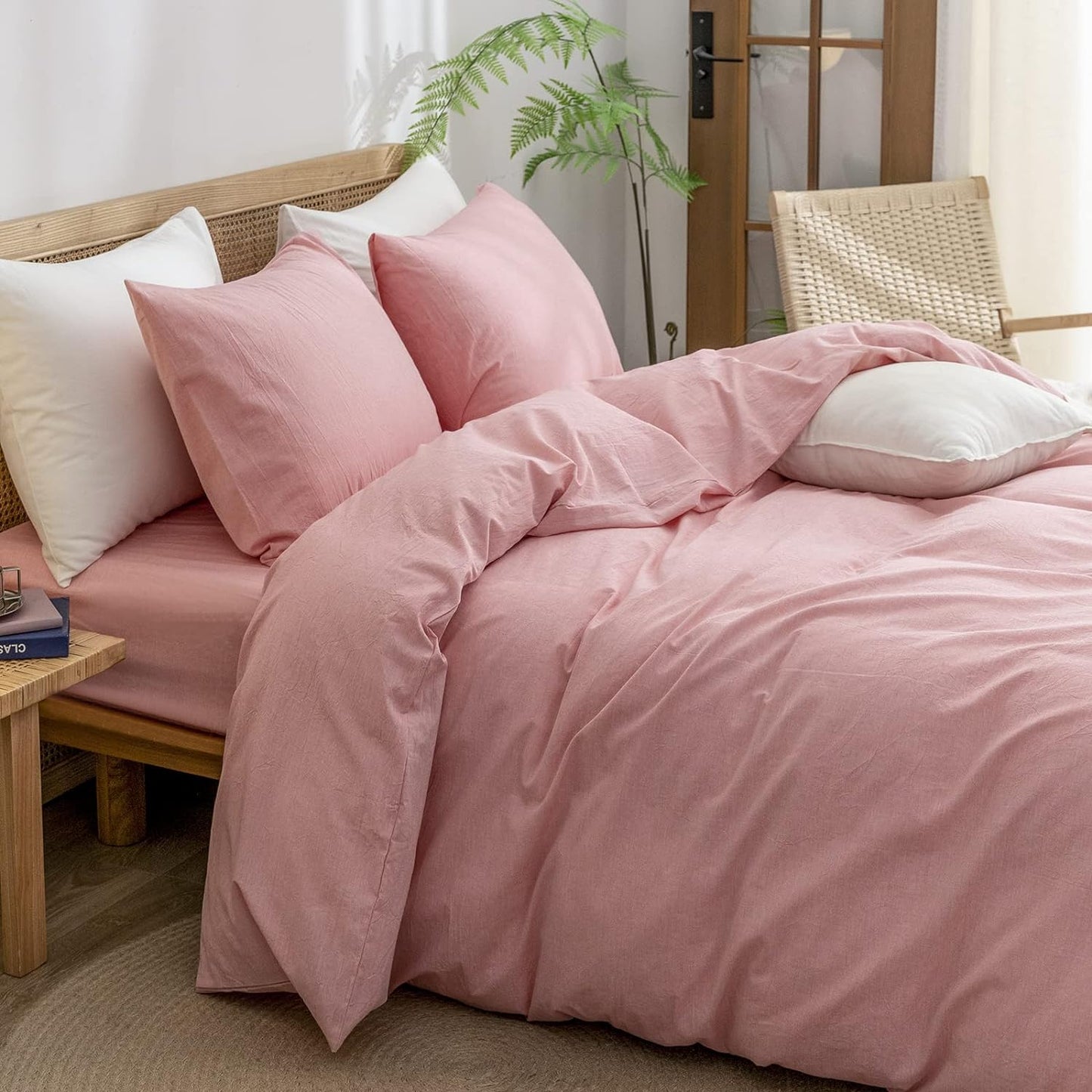 BESTOUCH Duvet Cover Set 100% Washed Cotton Linen Feel Super Soft Comfortable Chic Lightweight 3 PCs Home Bedding Set Solid Red Pink Full/Double