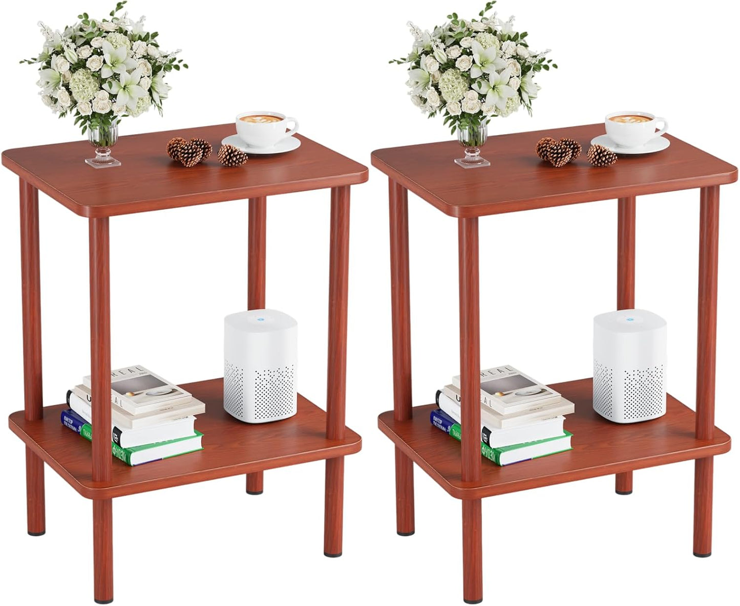 Apicizon 2 Tier End Table Set of 2, Small Side Table with Solid Wood Legs, Boho Bedside Table with Storage Shelf, Nightstand for Small Spaces, Bedroom, Living Room, Entryway, Vintage Brown
