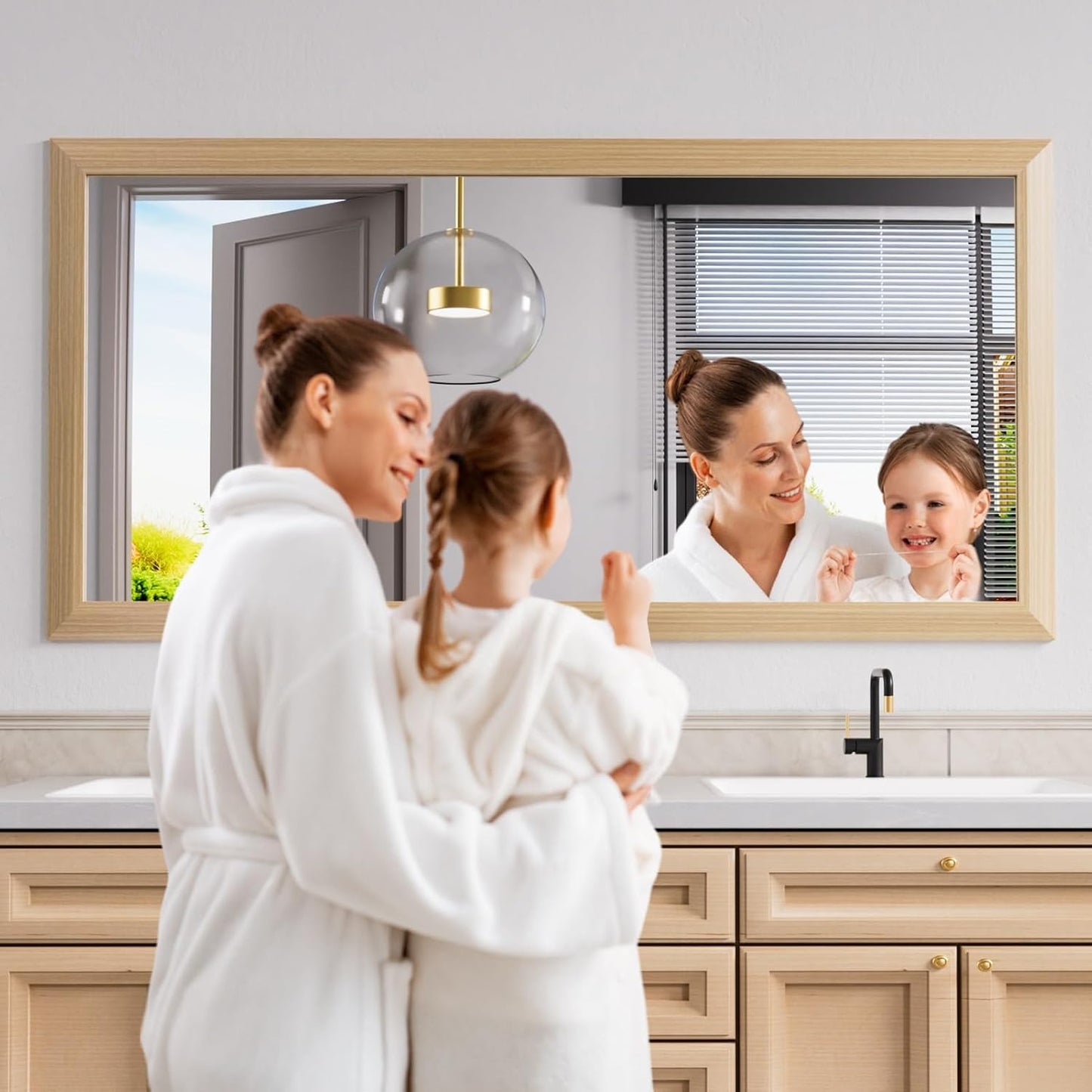 Amorho 60 X30 Inch Bathroom Mirror for Wall, Oak Wood Grain Metal Framed Mirror, Anti-Rust, Hang Horizontally/Vertically, Suitable for Bedroom, Farmhouse, Bathroom, Decorative