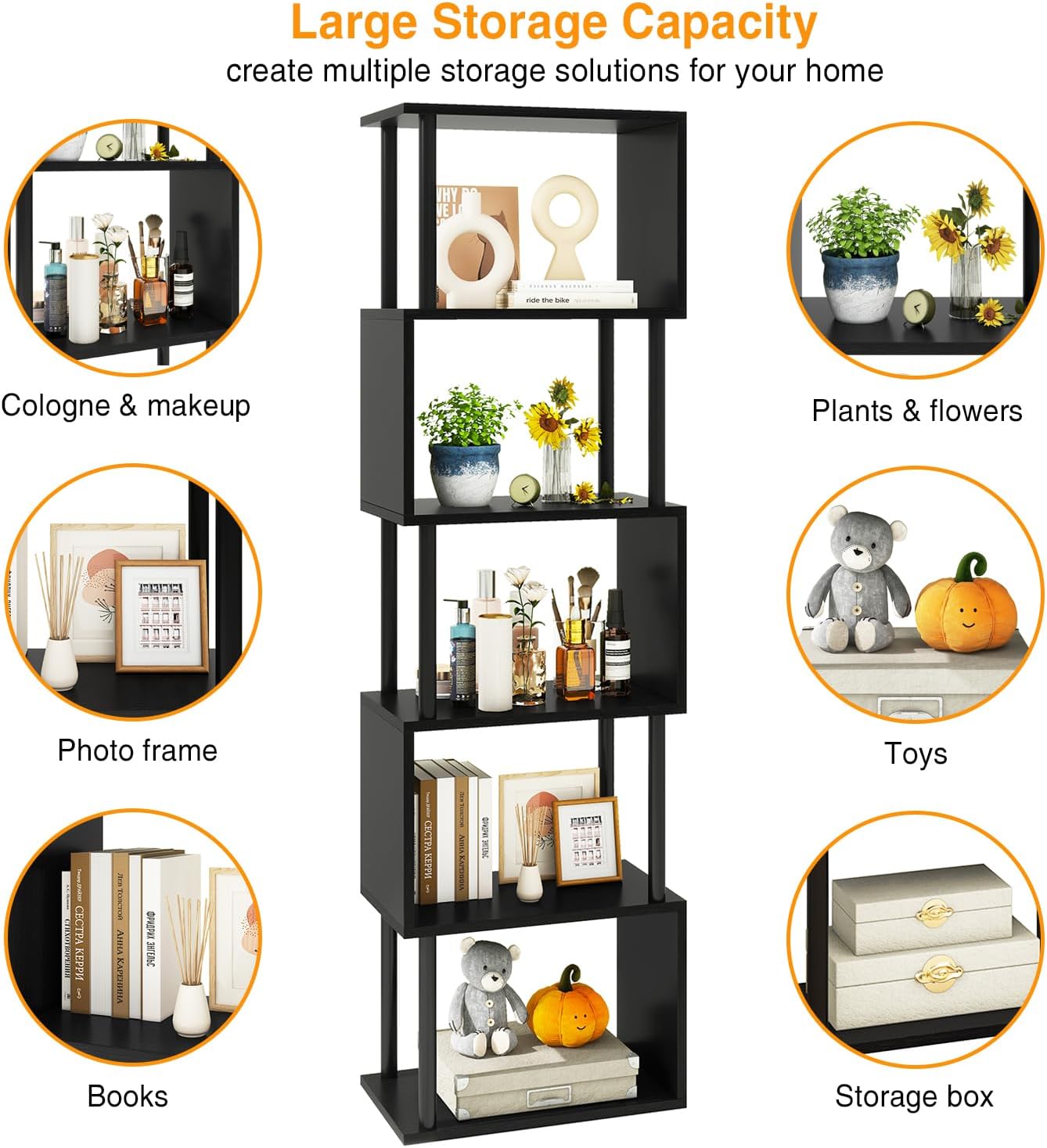 IBUYKE 6-Tier Tall Bookshelf,S-Shaped Geometric Bookcase, Wood Display Shelves with Storage,Modern Bookshelf for Living Room Bedroom, Home Office, Black WBC016B