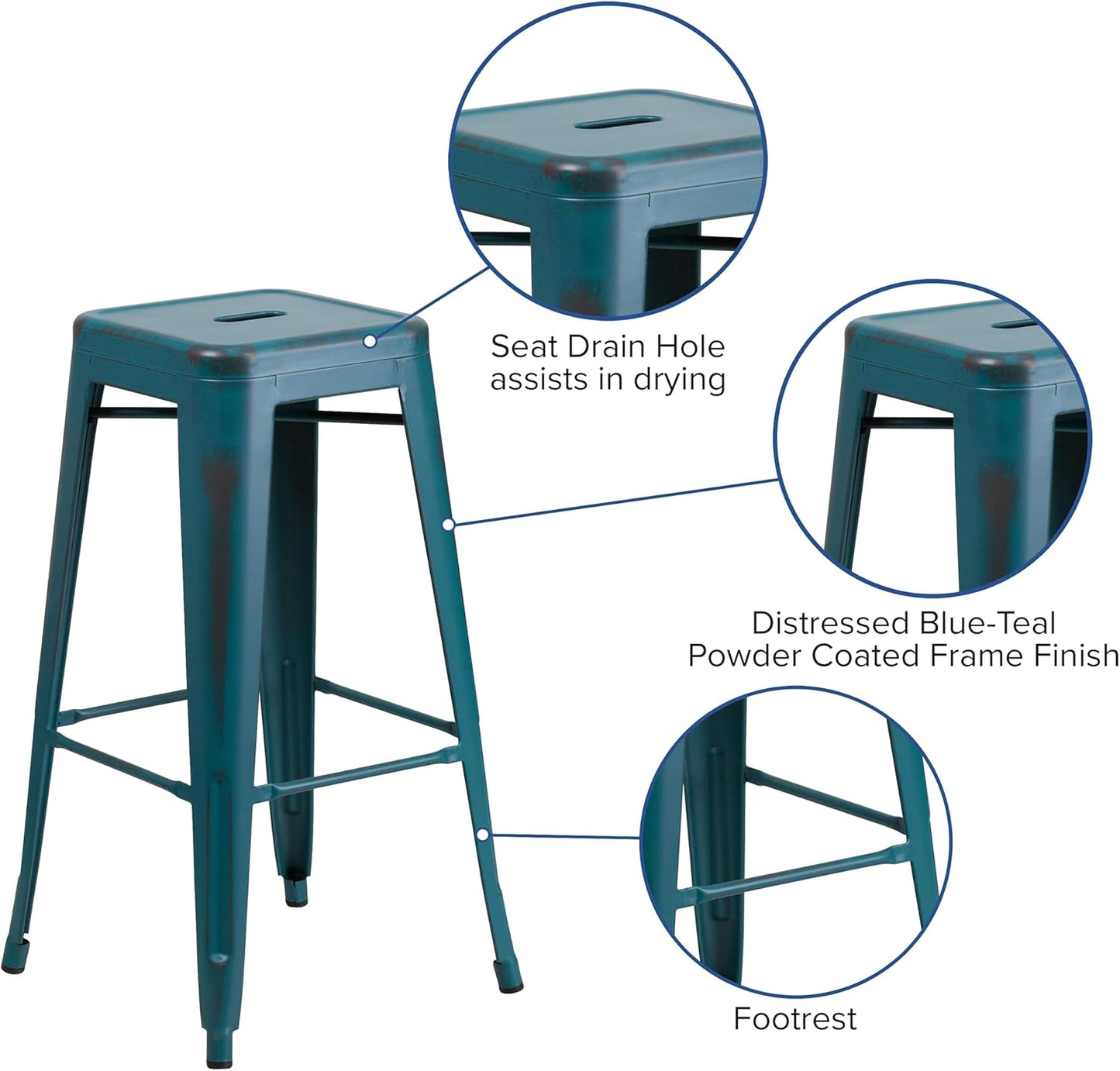 Flash Furniture Kai Commercial Grade 30" High Backless Distressed Kelly Blue-Teal Metal Indoor-Outdoor Barstool