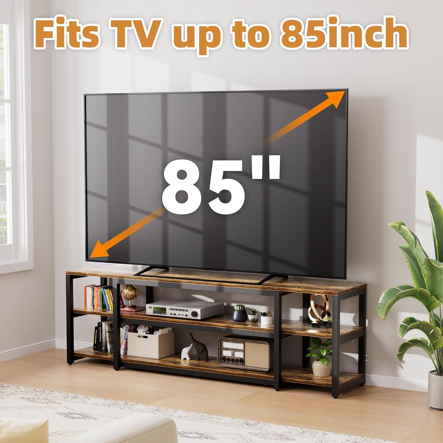 Aquzee 85 inch TV Stand, Entertainment Center for 70 75 80 85" TV, 75.2" Wide Wood Television Console Table for Living Room Bedroom Gaming Room, Rustic Brown