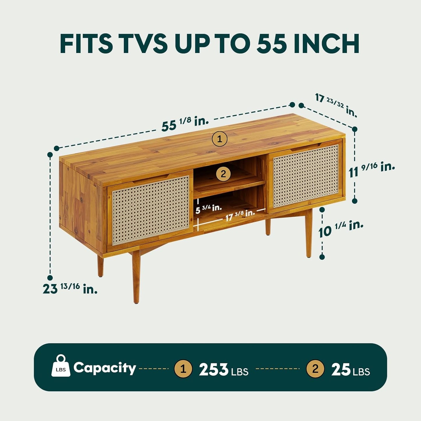 Bme Oliver TV Stand for TVs up to 55", Mid-Century Solid Wood TV Console with Natural Rattan Door, Media TV Console, Entertainment Center with Storage, Fluted Media Cabinet for Living Room, Caramel