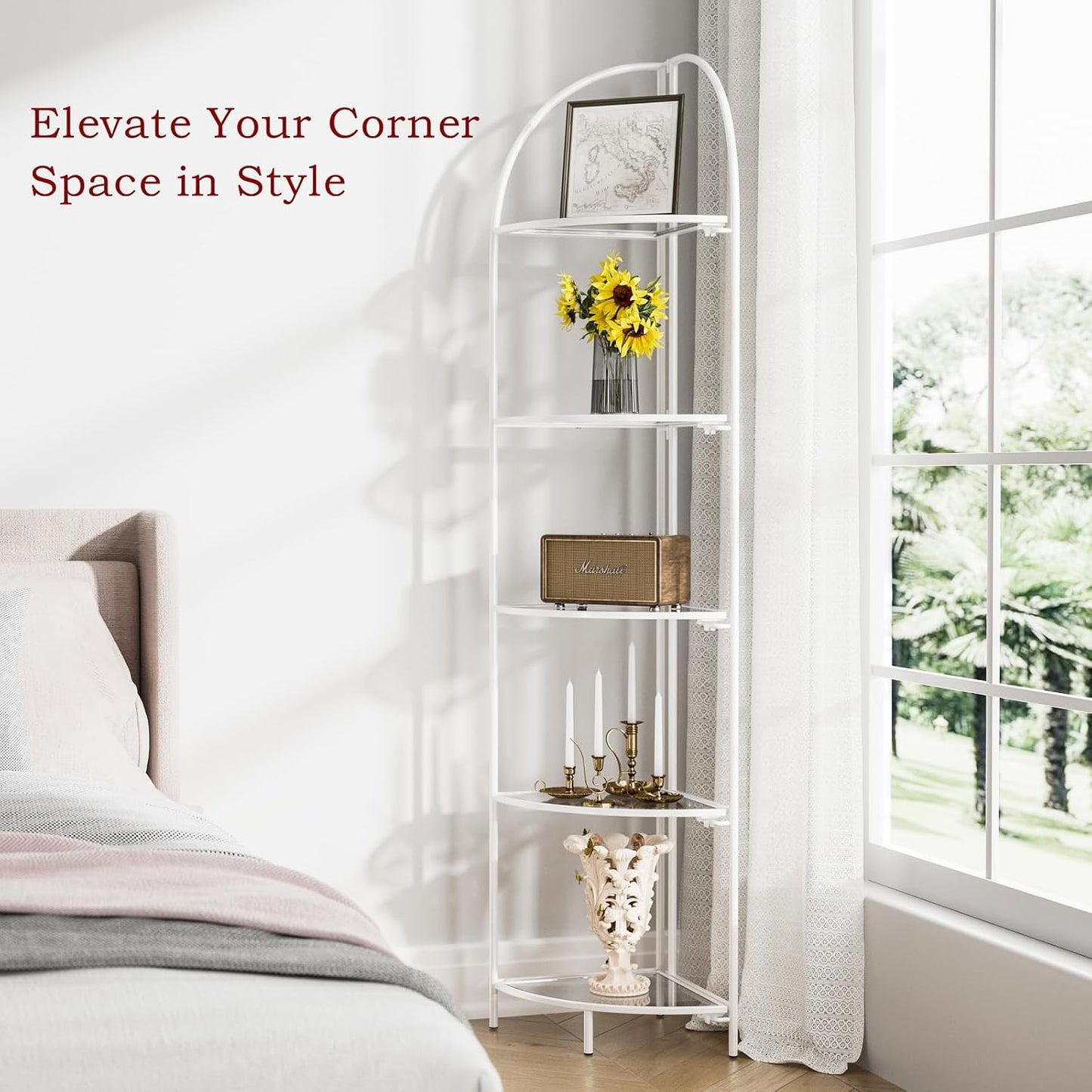Crofy Foldable 5 Tier Corner Shelf, Metal Corner Plant Stand with White Frame and Transparent Shelves, Corner Display Rack Multipurpose Shelving Unit for Living Room, Bedroom, Bathroom