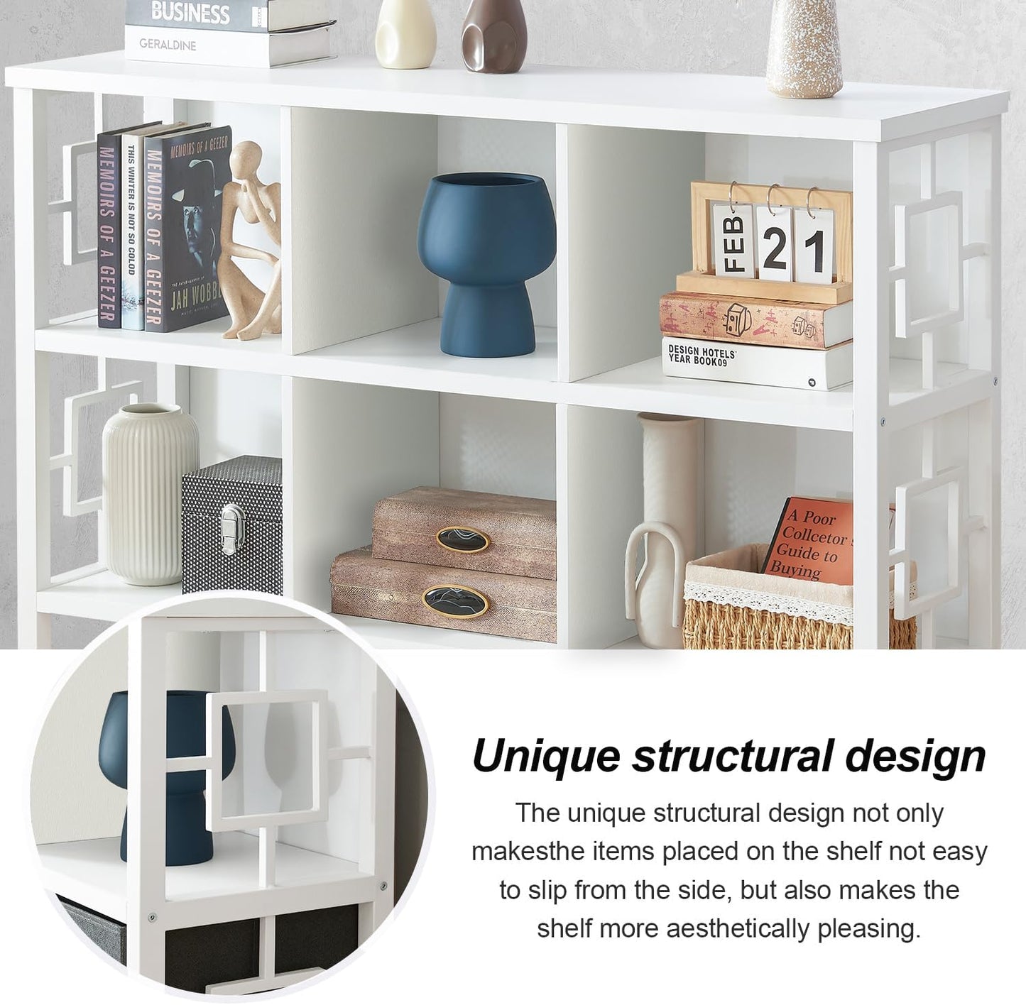 HOMISSUE 6 Cube Storage Organizer Shelf, Rustic Short Bookshelf with 3 Storage Bins, Industrial Horizontal Bookshelf with Metal Frame, Low and Wide Cube Bookcase for Living Room and Office, White