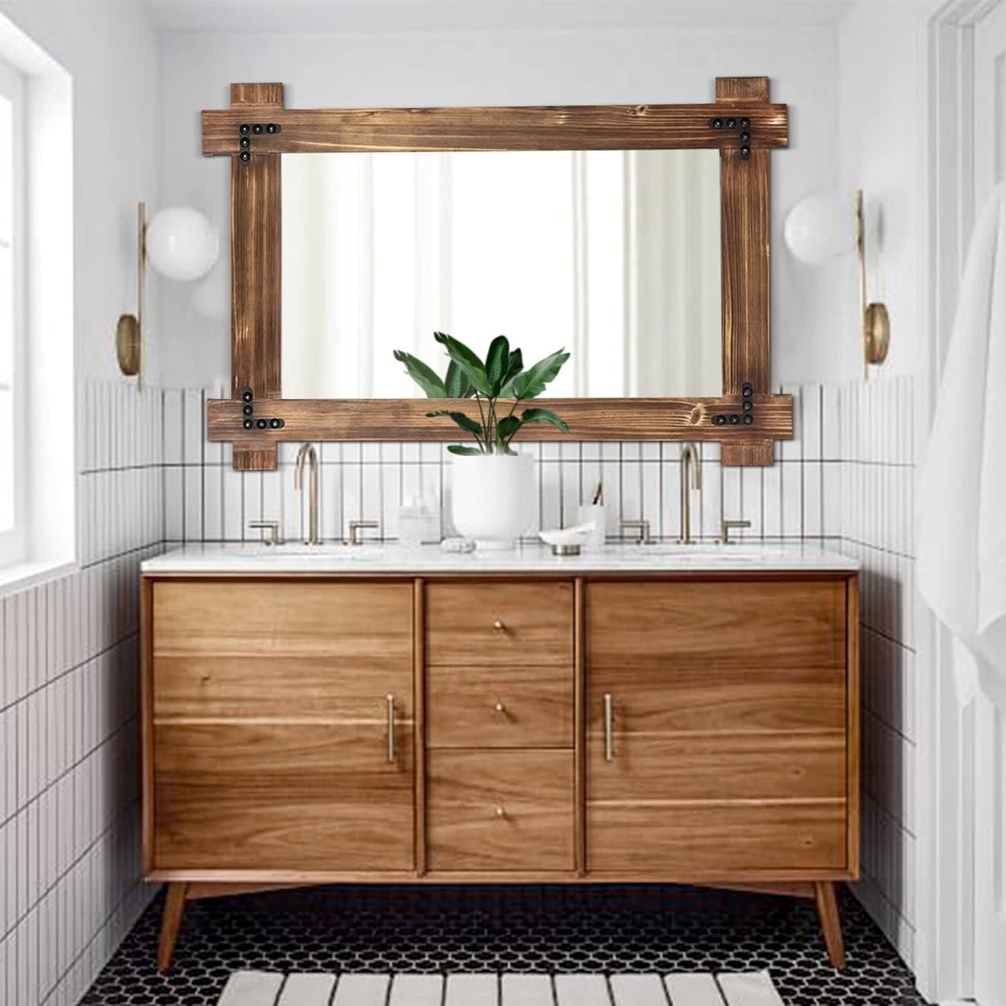 MeMoreCool Farmhouse Rustic Wood Framed Bathroom Mirror, Decorative Wall Mounted Rectangular Mirror for Bedroom, Living Room, or Bathroom, 24x36 Inch