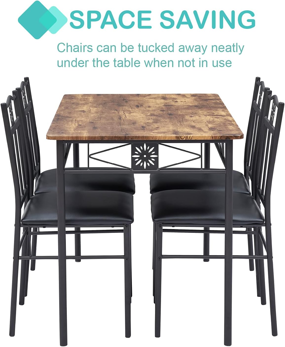 VECELO Kitchen Dining Room Table Sets for 4, 5 Piece Metal and Wood Rectangular Breakfast Nook, Dinette with Chairs, Retro-Brown