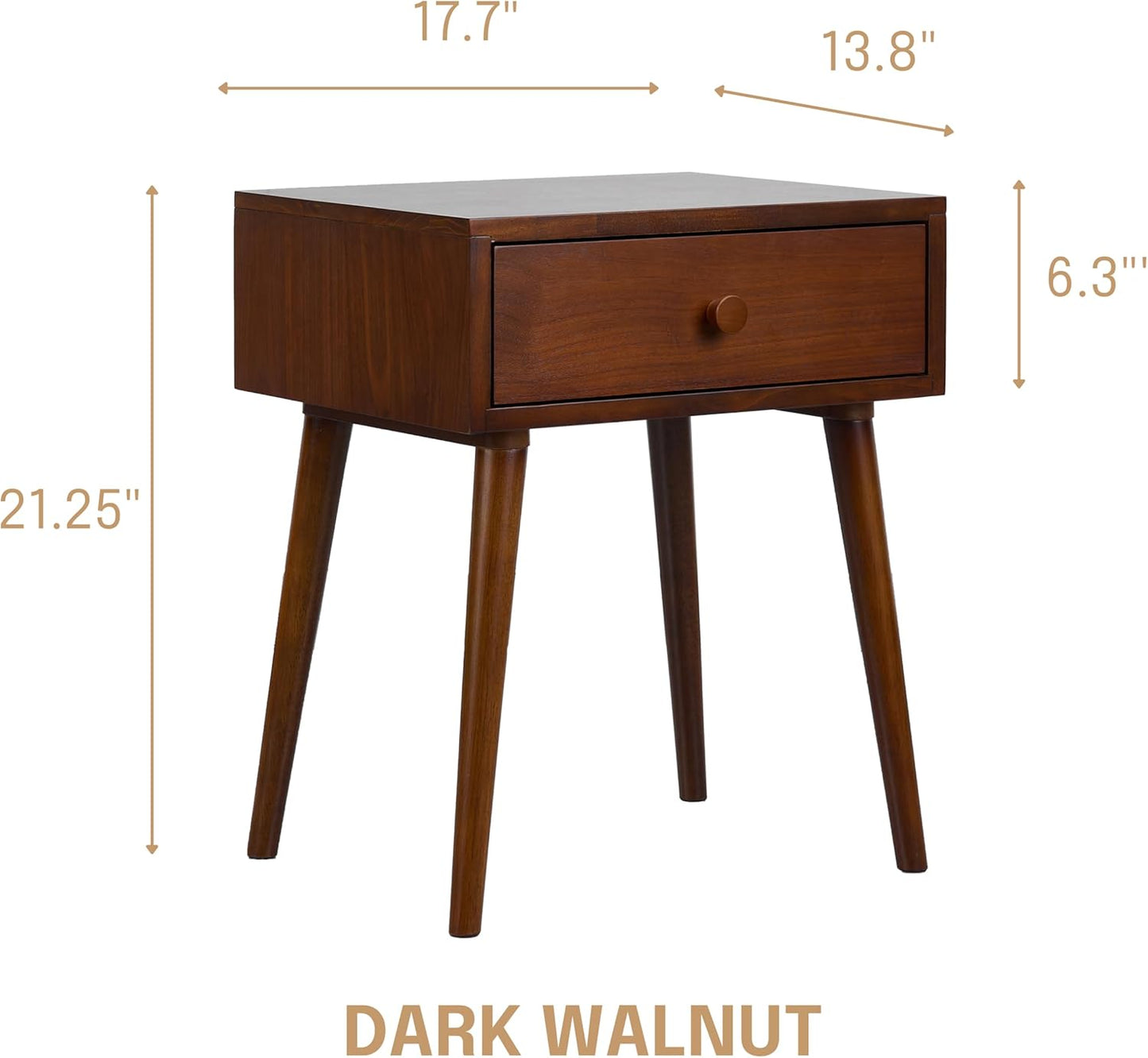 NTC Lux Solid Wood Nightstand with Drawer, Mid Century Modern Side Table Bedroom, Bedside Furniture, Night Stand, End Table, Easy Assembly - Dark Walnut