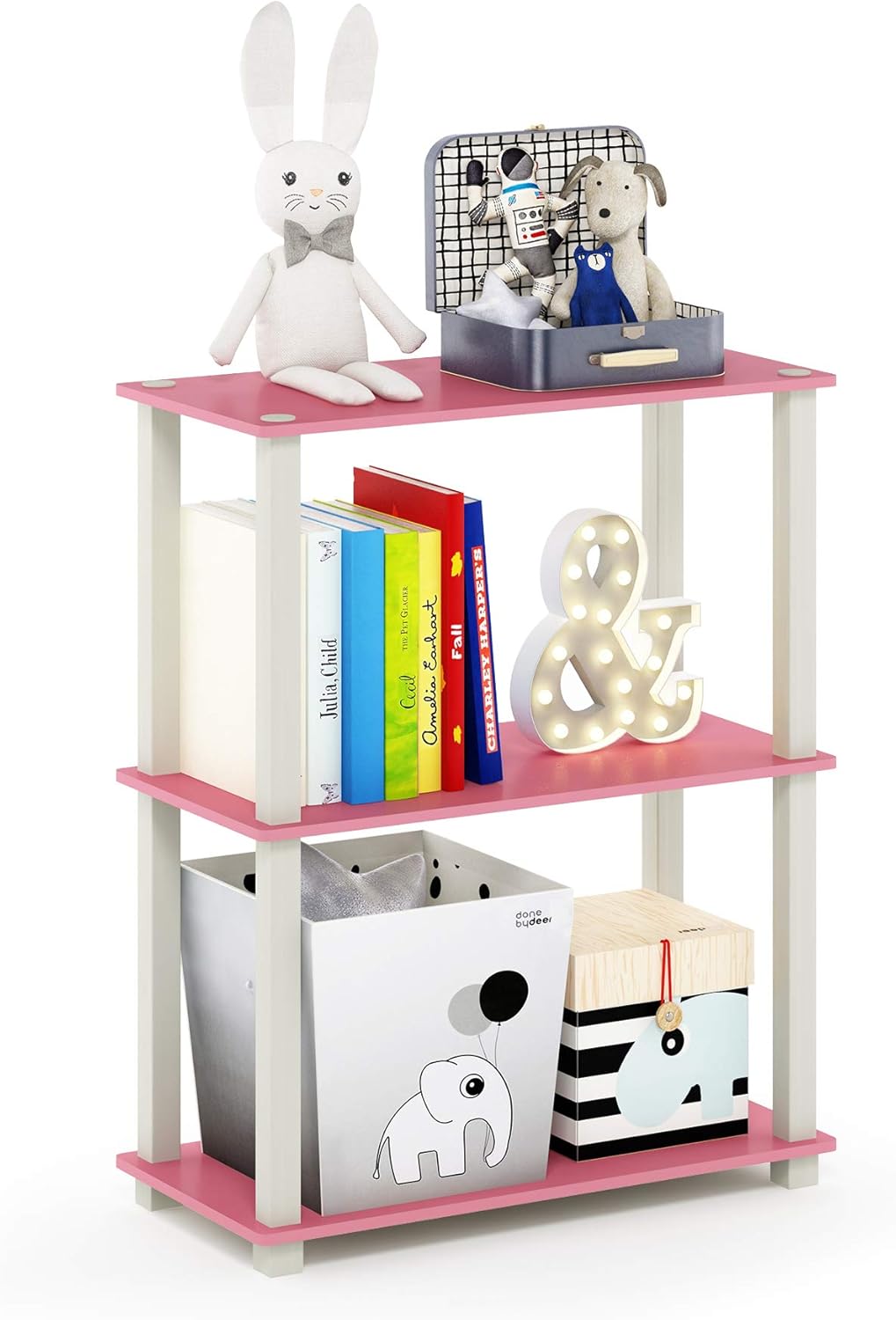 Furinno Turn-S-Tube 3-Tier Compact Multipurpose Shelf Display Rack with Square Tube, Pink/White