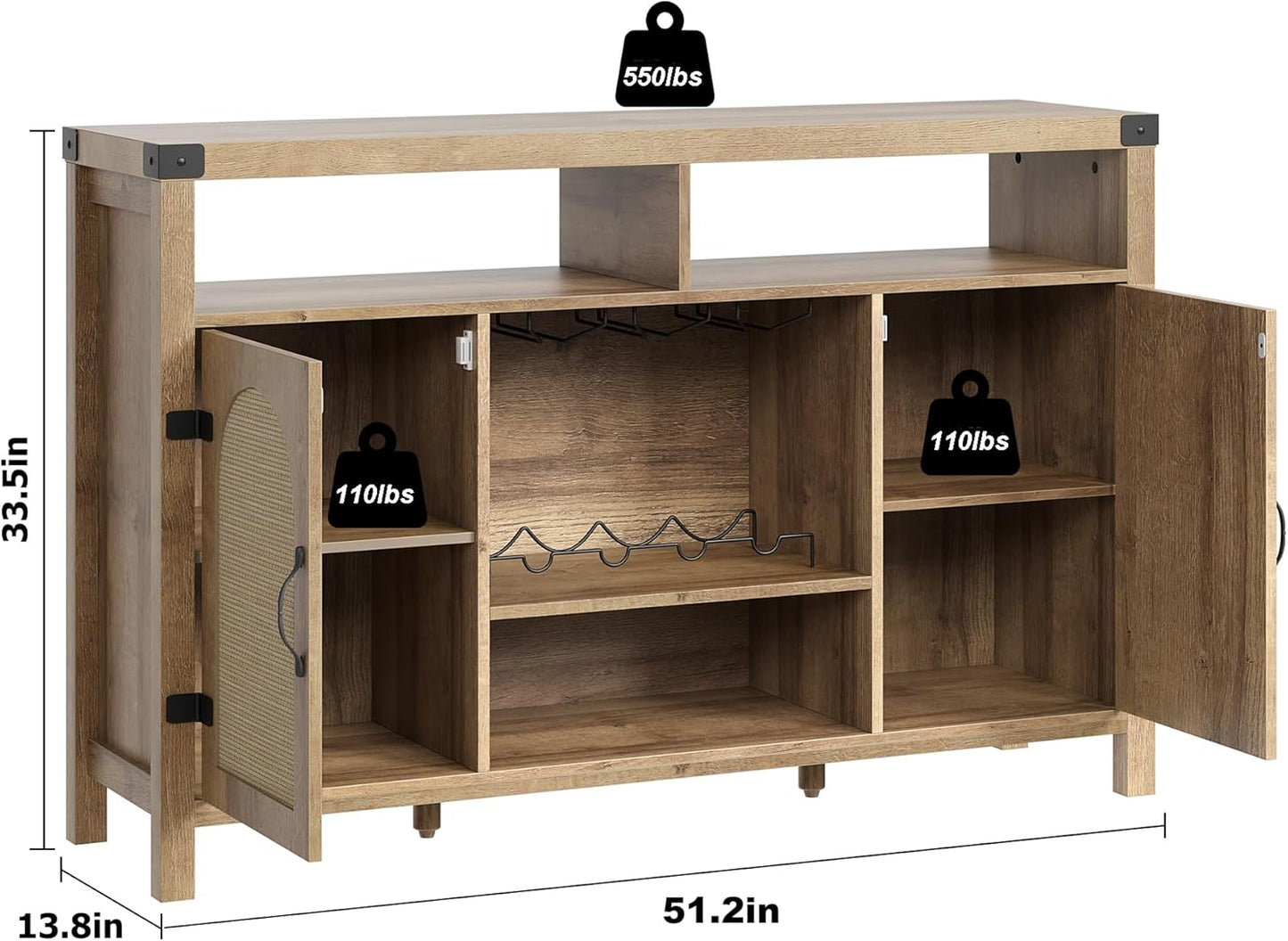 IDEALHOUSE Rattan Buffet Cabinet with Storage, Rattan Wine Bar Cabinet, Sideboard with Glass Holder, Adjustable Shelves, Coffee Bar Cabinet for Living Room Dining Room Hallway, Natural