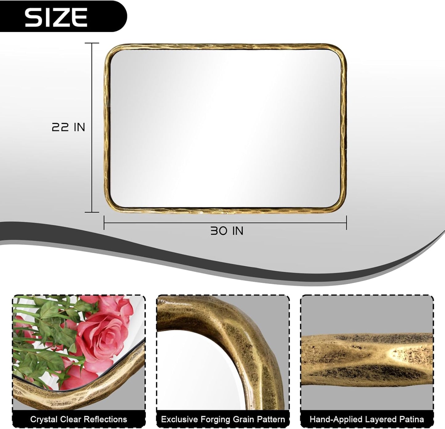 BEGINS Hand-Forged Steel Wall Mirror, 30x22 Inch Vintage Solid Steel Frame, Antique Rounded Rectangle Bathroom Mirror with Hidden Mounting Hooks, Horizontal or Vertical Hanging