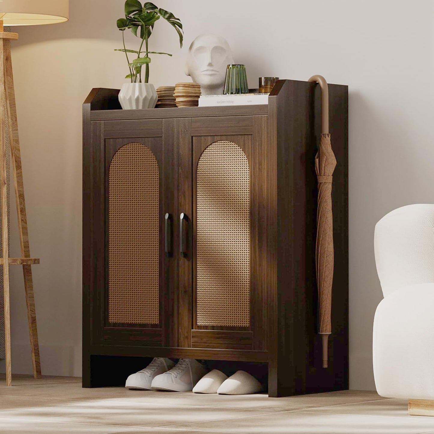 Shoe Cabinet Storage for Entryway, Natural Rattan Storage Cabinet, Wooden Shoe Rack, Farmhouse Boho Wood Shoe Organizer Cabinet for Hallway Walnut