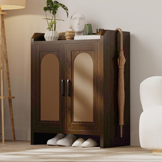 Shoe Cabinet Storage for Entryway, Natural Rattan Storage Cabinet, Wooden Shoe Rack, Farmhouse Boho Wood Shoe Organizer Cabinet for Hallway Walnut