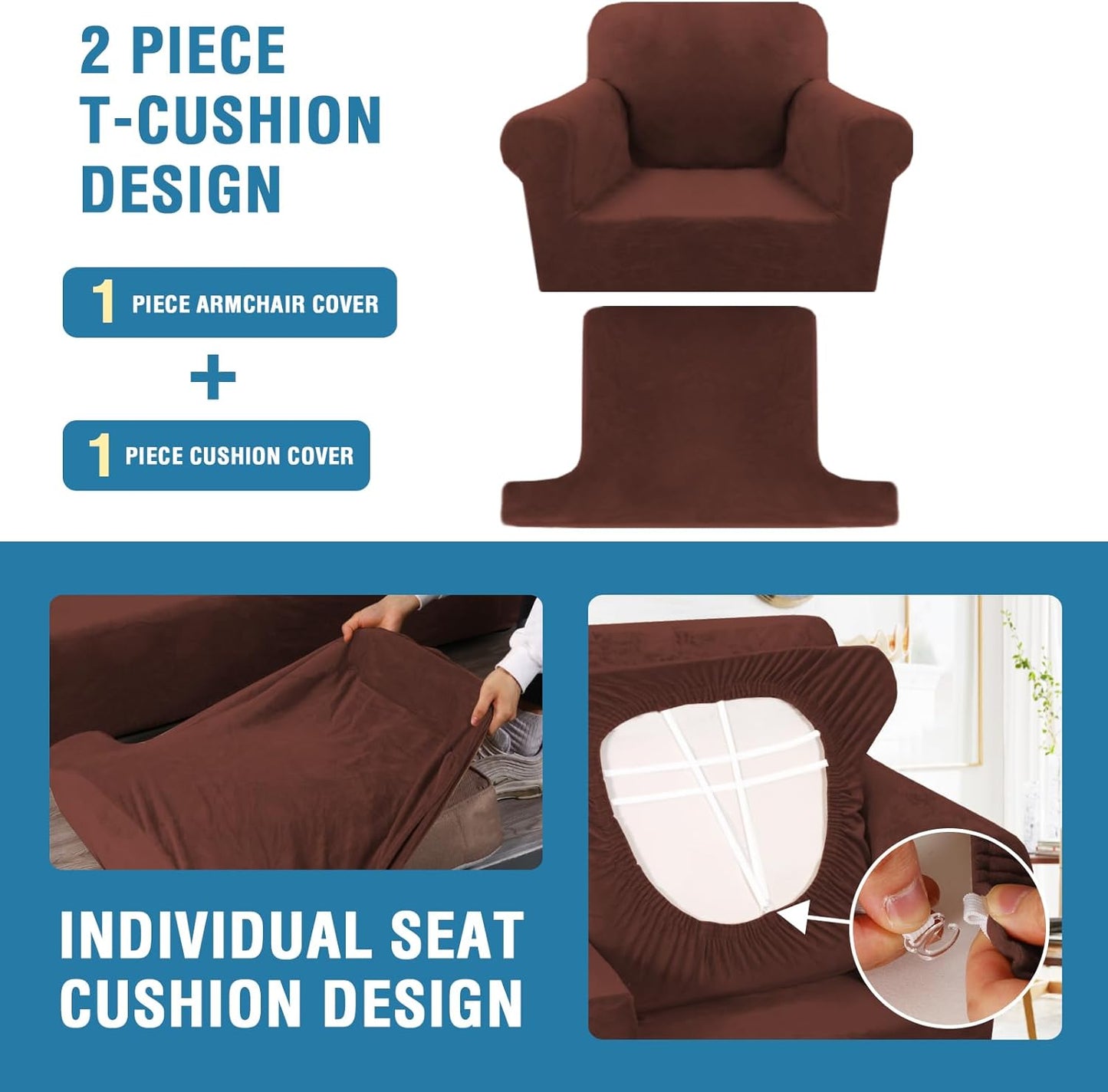 H.VERSAILTEX Sofa Cover 2 Piece T Cushion Armchair Slipcovers Thick Velvet Couch Cover Stretch T Cushion Sofa Covers for 1 Cushion Couch with 1 Individual T Cushion Covers, Burnt Brick